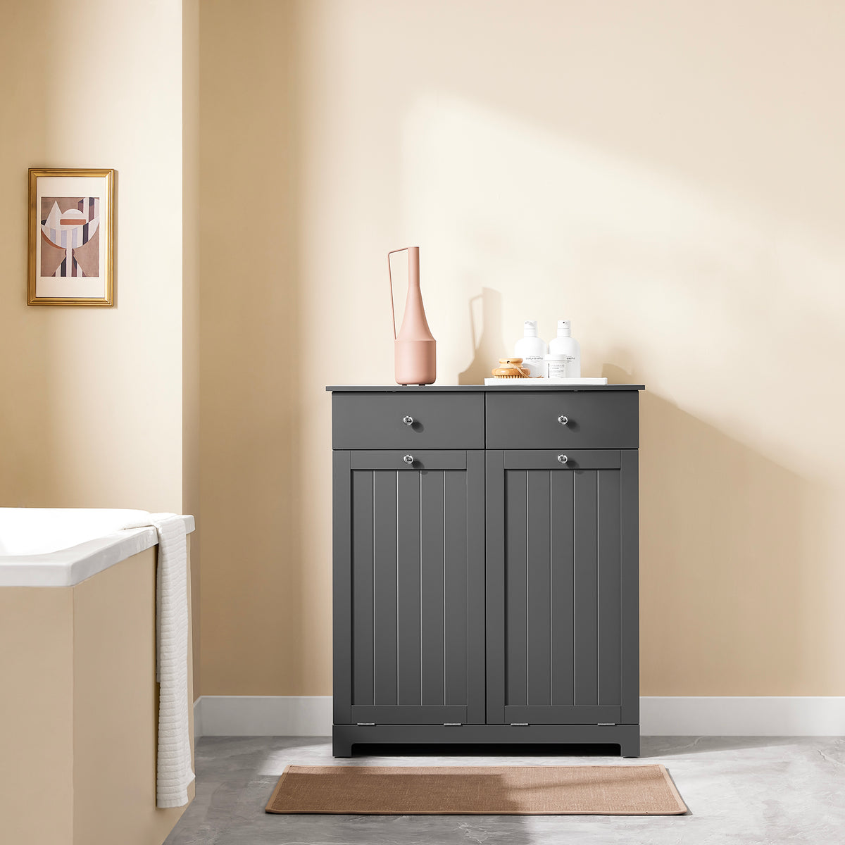 SoBuy BZR33-II-DG, Bathroom Cabinet with Laundry Baskets - Bathroom Storage Unit with 2 Drawers and 2 Removable Baskets, Laundry Cabinet for Towel Storage in MDF Grey, W78 x D38 x H90cm