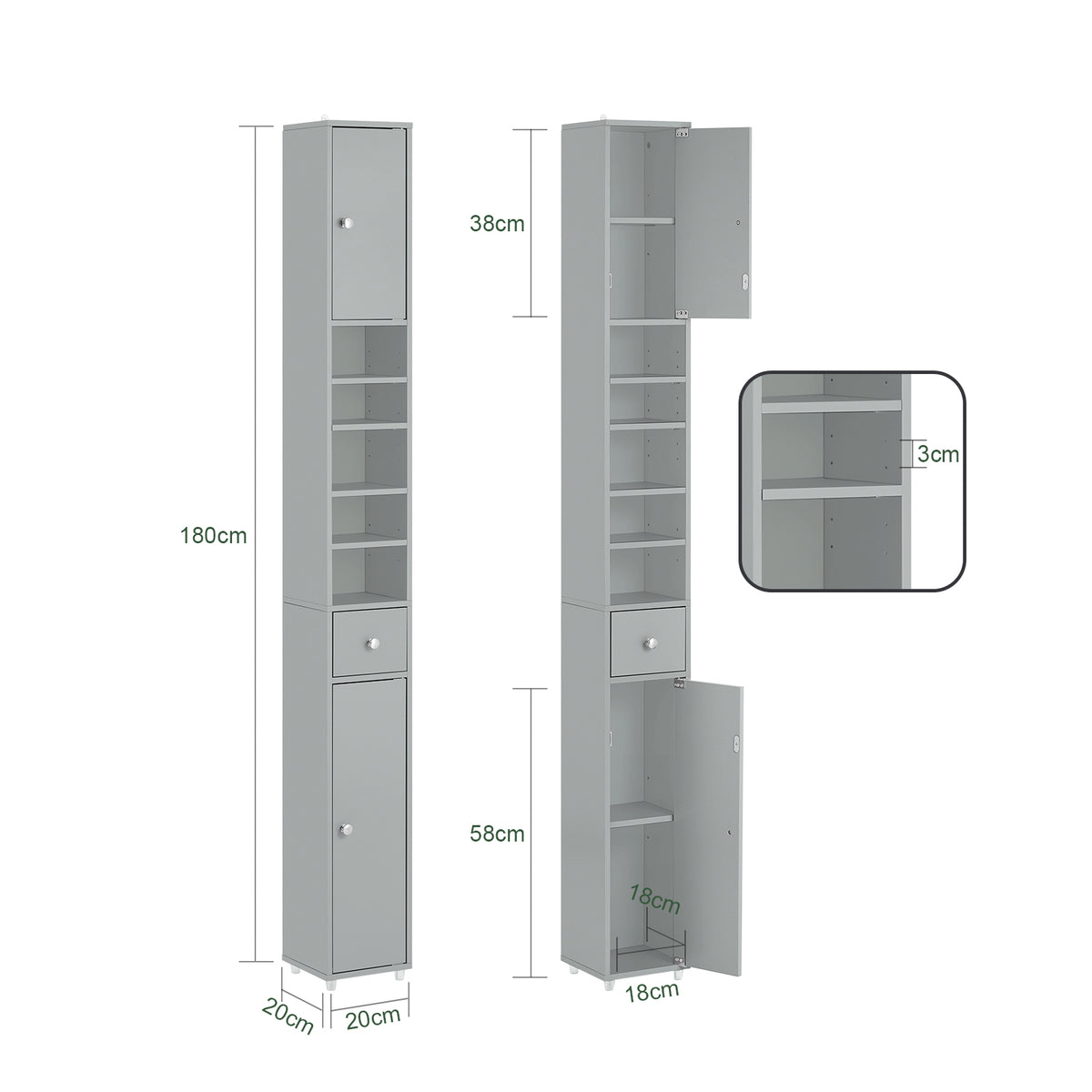 SoBuy BZR34-HG, Tall Bathroom Cabinet 20cm, Cupboard Bathroom Storage Cabinet, Water-Resistant MDF with Adjustable Shelves, Light Grey, W20 x D20 x H180cm