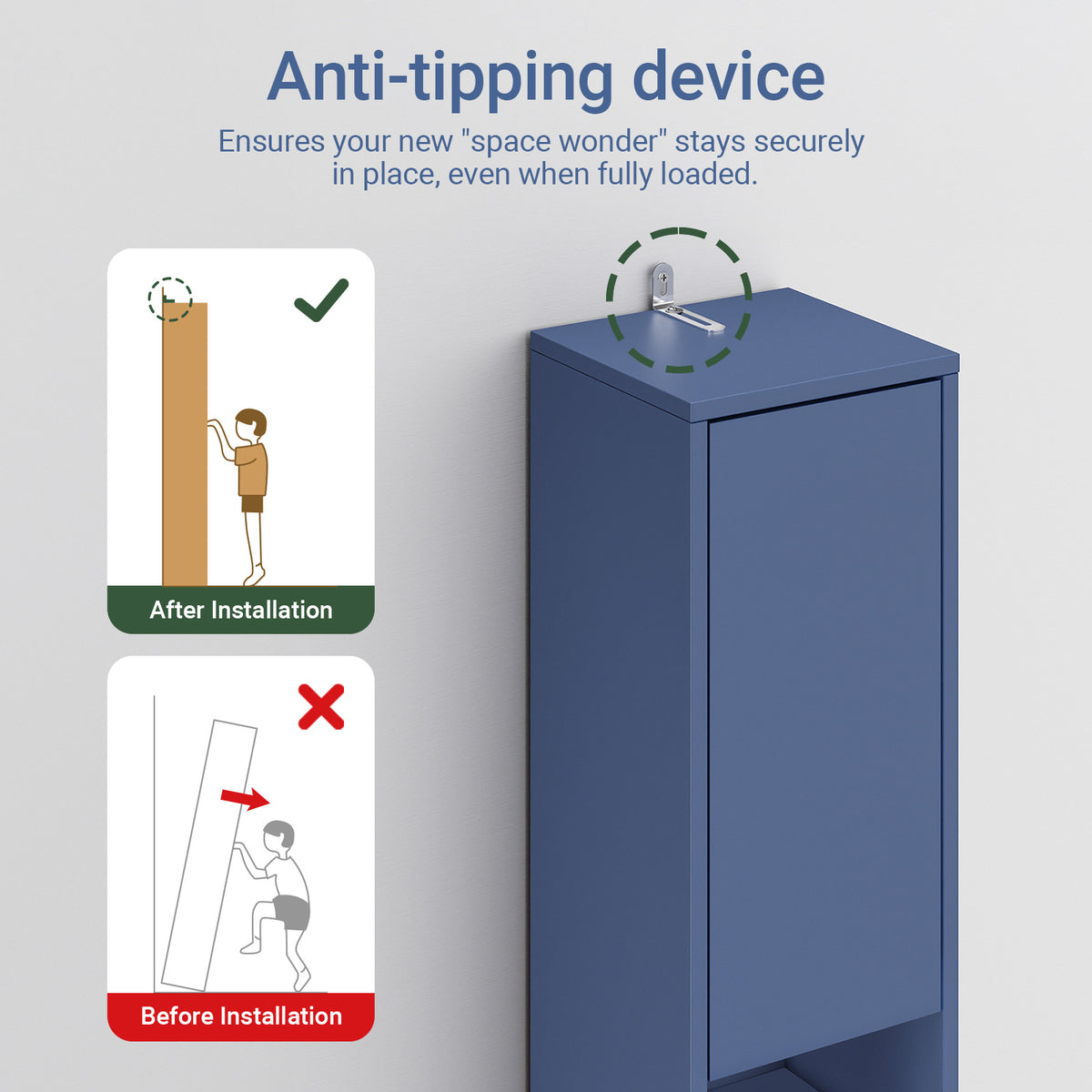 SoBuy BZR34-II-B anti-tip wall kit and moisture-resistant foot pads detail – safe freestanding bathroom cabinet