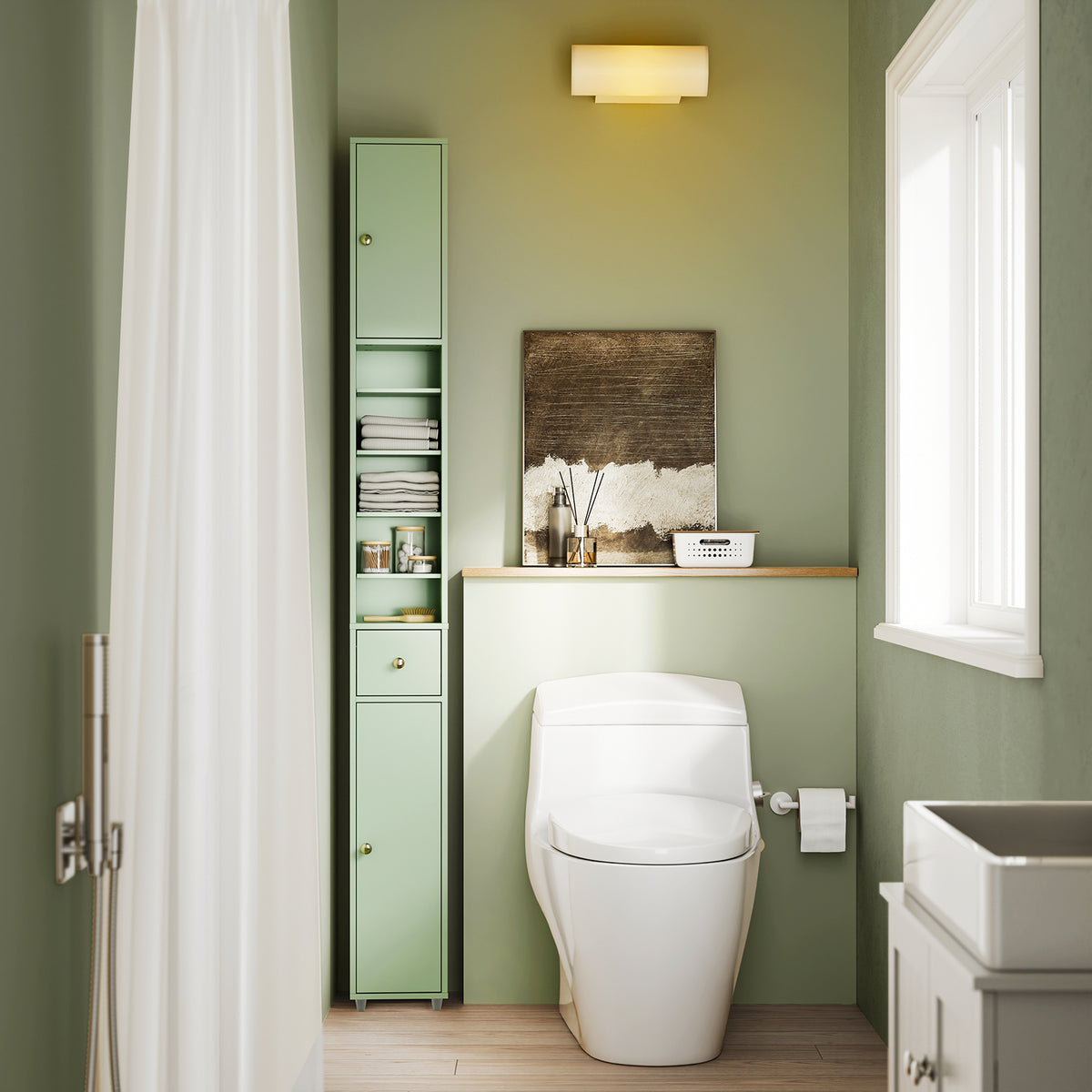 SoBuy BZR34-II-GR, Tall Bathroom Storage Cabinet - Freestanding Slim Bathroom Cabinet, Water-Resistant MDF with Adjustable Shelves and Drawer - Compact Bathroom Furniture, Light Green, 20x20x180cm