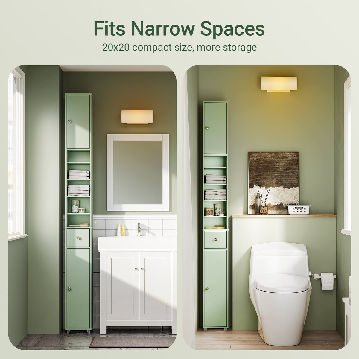 SoBuy BZR34-II-GR, Tall Bathroom Storage Cabinet - Freestanding Slim Bathroom Cabinet, Water-Resistant MDF with Adjustable Shelves and Drawer - Compact Bathroom Furniture, Light Green, 20x20x180cm