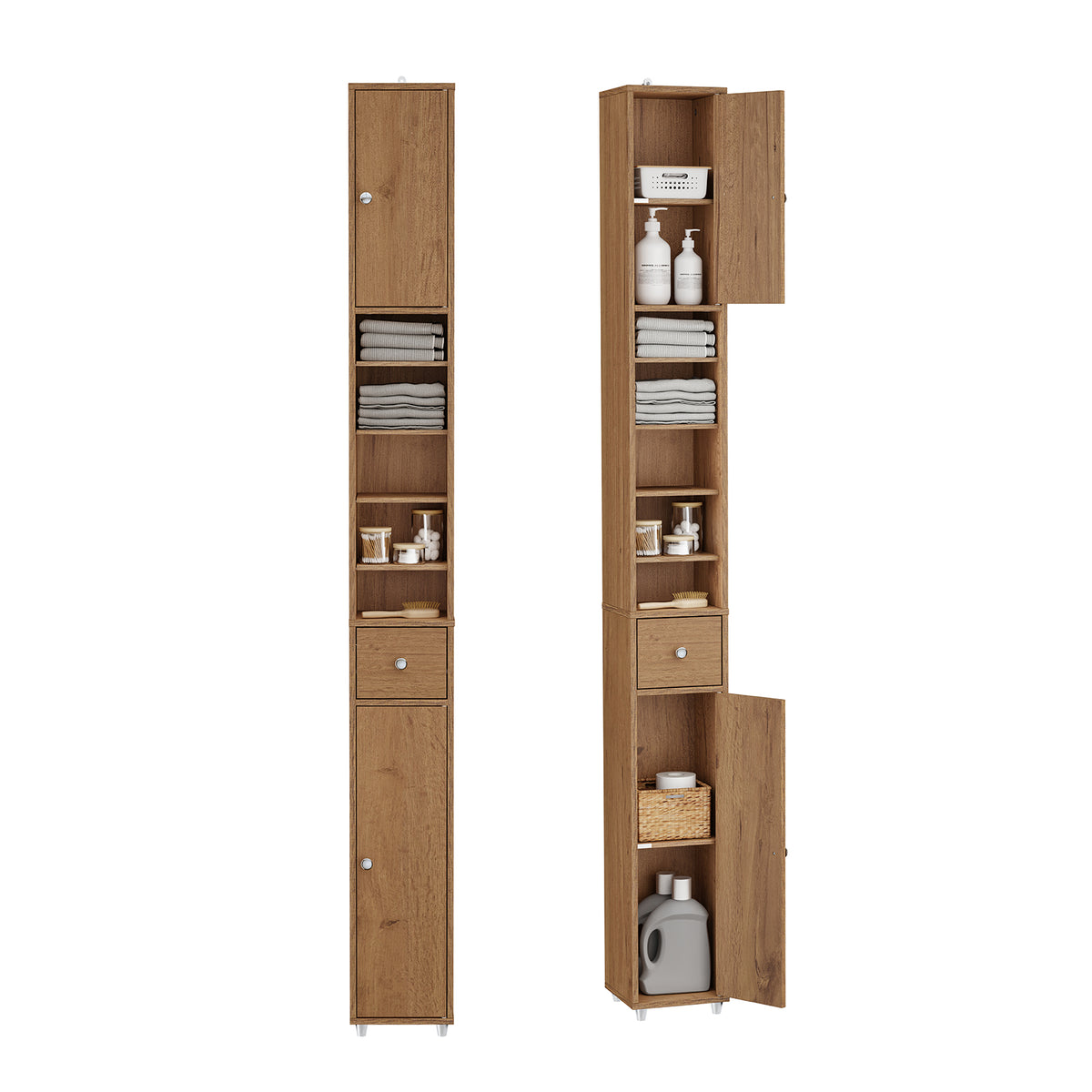 SoBuy BZR34-II-PF slim tall bathroom cabinet 20cm wide natural wood – white background front view