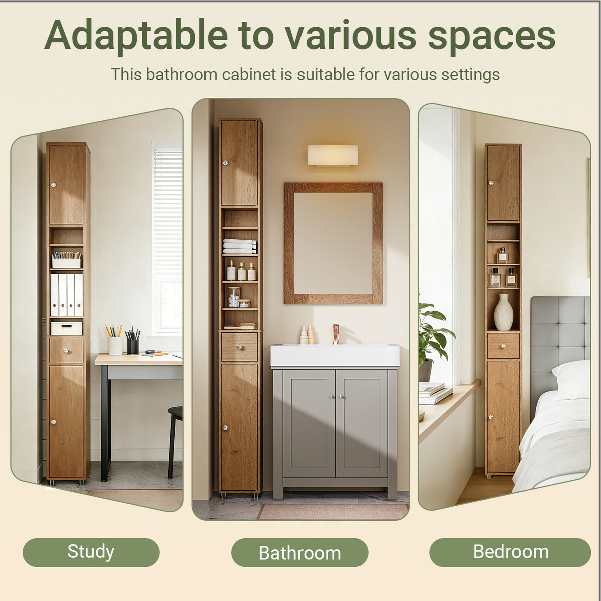 SoBuy BZR34-II-PF slim tall bathroom cupboard in situ – 20cm wide freestanding storage unit natural wood colour lifestyle
