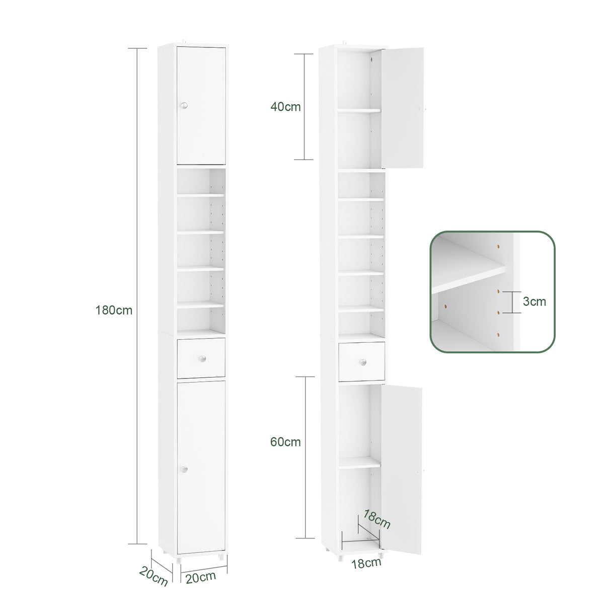 SoBuy BZR34-II-W slim bathroom cabinet dimensions diagram – W20×D20×H180cm 45kg load capacity
