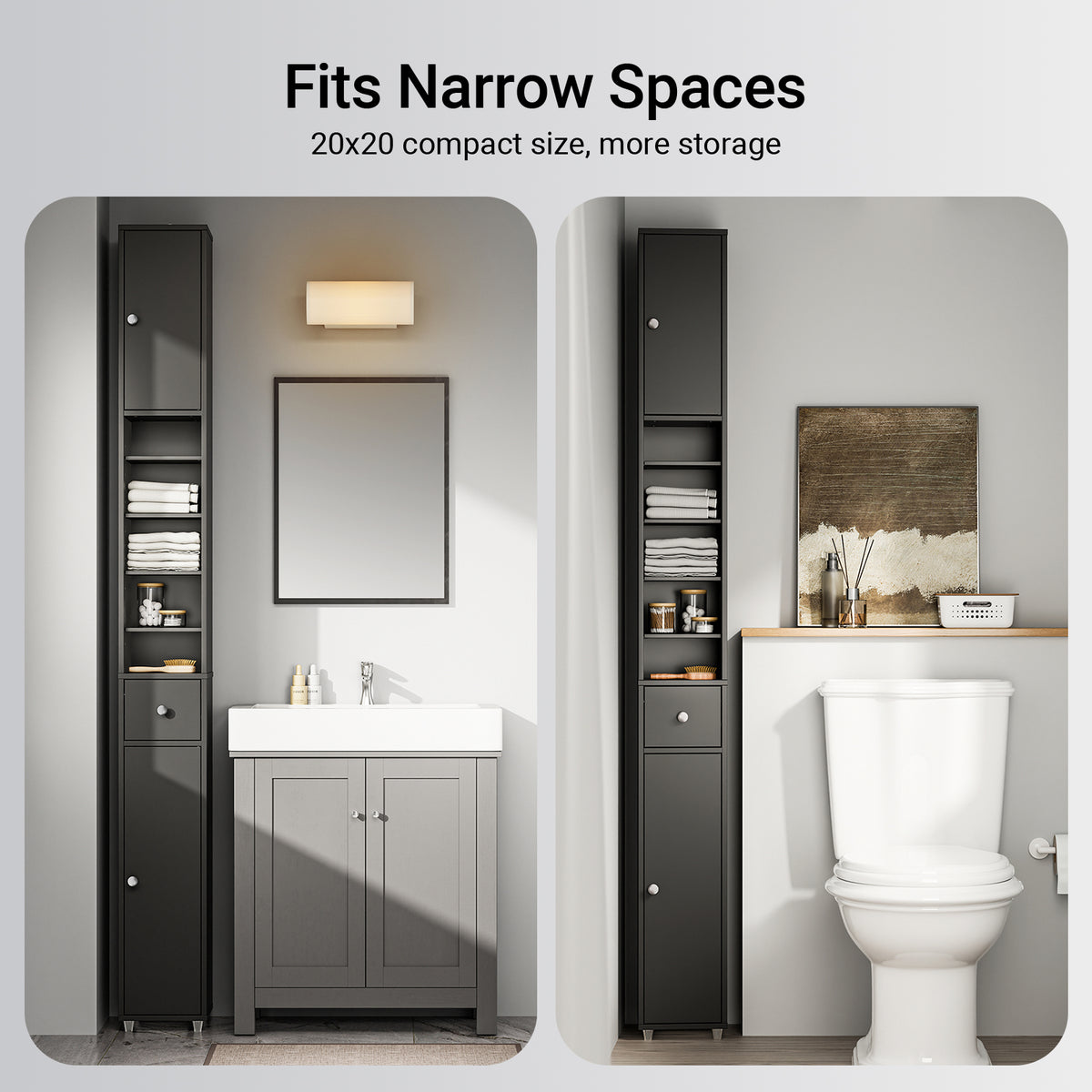 SoBuy BZR34-II-SCH Narrow Bathroom Cabinet – Tall Bathroom Cabinet Made of Wood with Adjustable Shelves – Water-Resistant Bathroom Cabinet, Space-Saving Bathroom Furniture, Black, 20x180x20cm