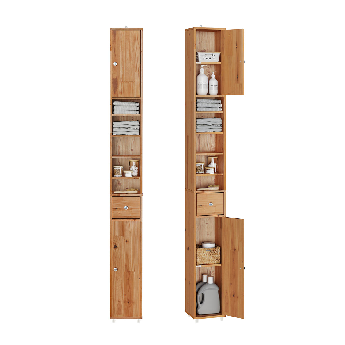 SoBuy BZR34-II-SH, Tall Bathroom Cabinet Solid Wood– Slim Bathroom Storage Unit Freestanding with Adjustable Shelves and Drawer – Space-Saving Storage Cupboard, Water-Resistant, 20x180x20cm