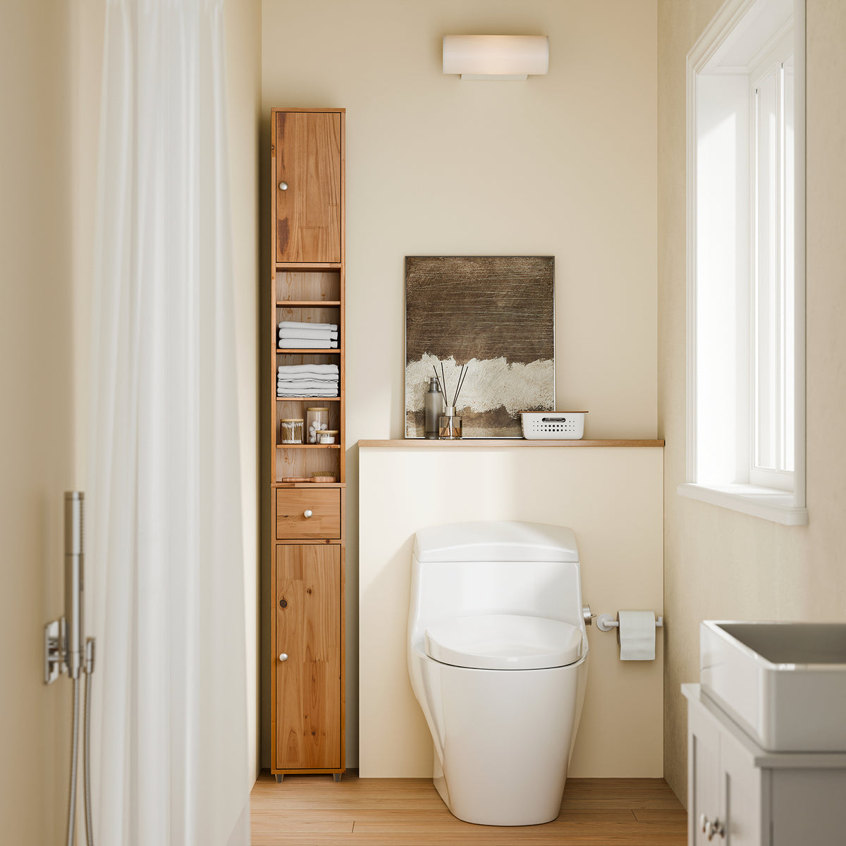 SoBuy BZR34-II-SH, Tall Bathroom Cabinet Solid Wood– Slim Bathroom Storage Unit Freestanding with Adjustable Shelves and Drawer – Space-Saving Storage Cupboard, Water-Resistant, 20x180x20cm