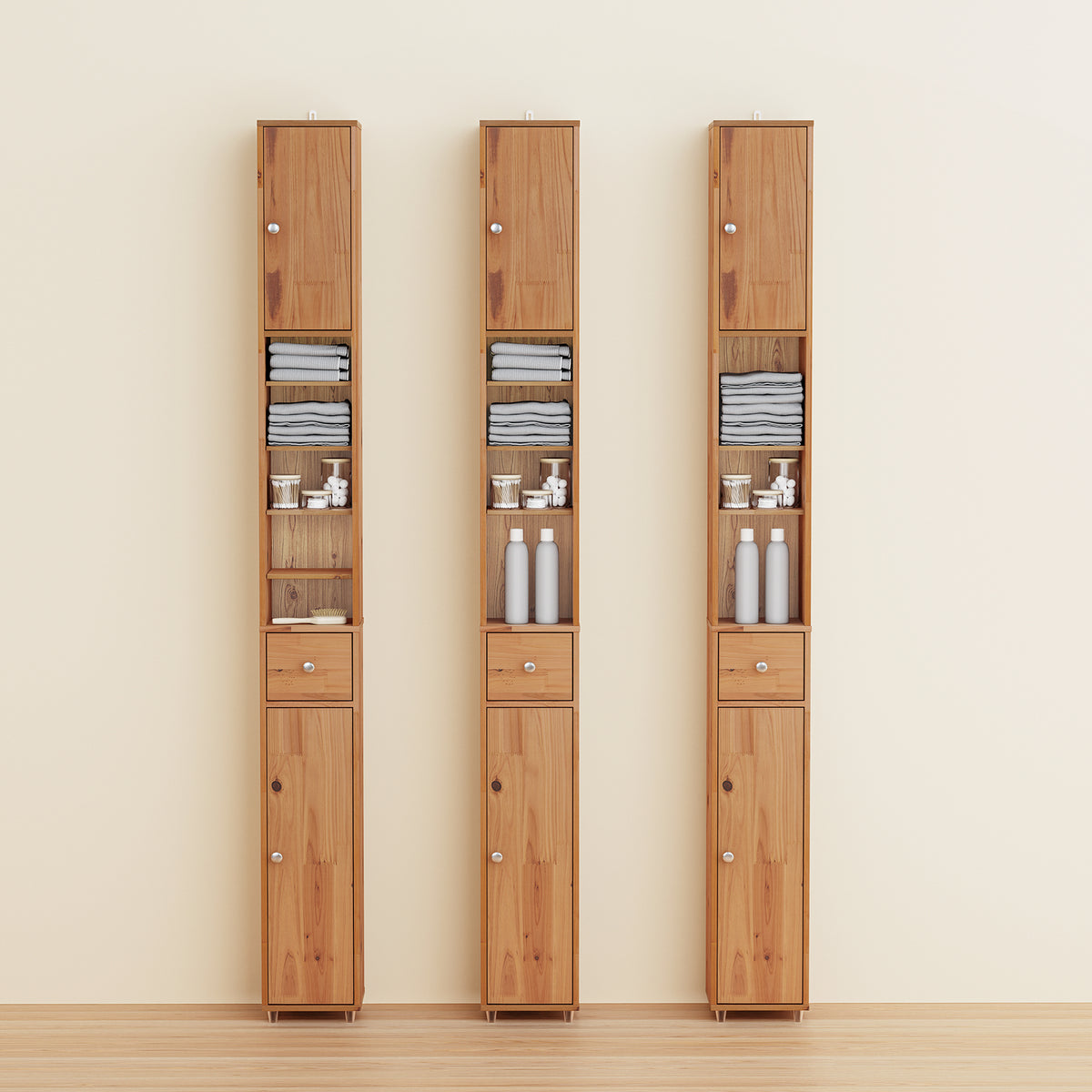 SoBuy BZR34-II-SH, Tall Bathroom Cabinet Solid Wood– Slim Bathroom Storage Unit Freestanding with Adjustable Shelves and Drawer – Space-Saving Storage Cupboard, Water-Resistant, 20x180x20cm