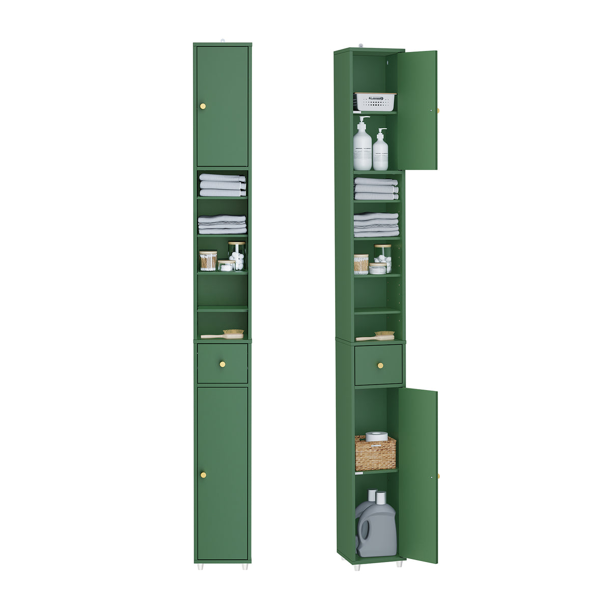 SoBuy BZR34-II-SY slim tall bathroom cabinet dark green – freestanding narrow tallboy cupboard white background