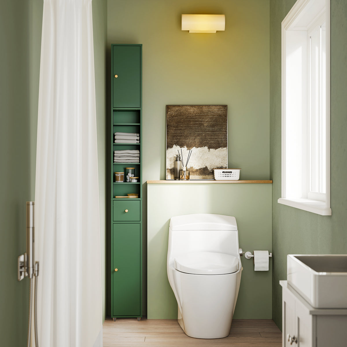 SoBuy BZR34-II-SY slim tall bathroom cabinet in bathroom setting – narrow freestanding storage unit dark green