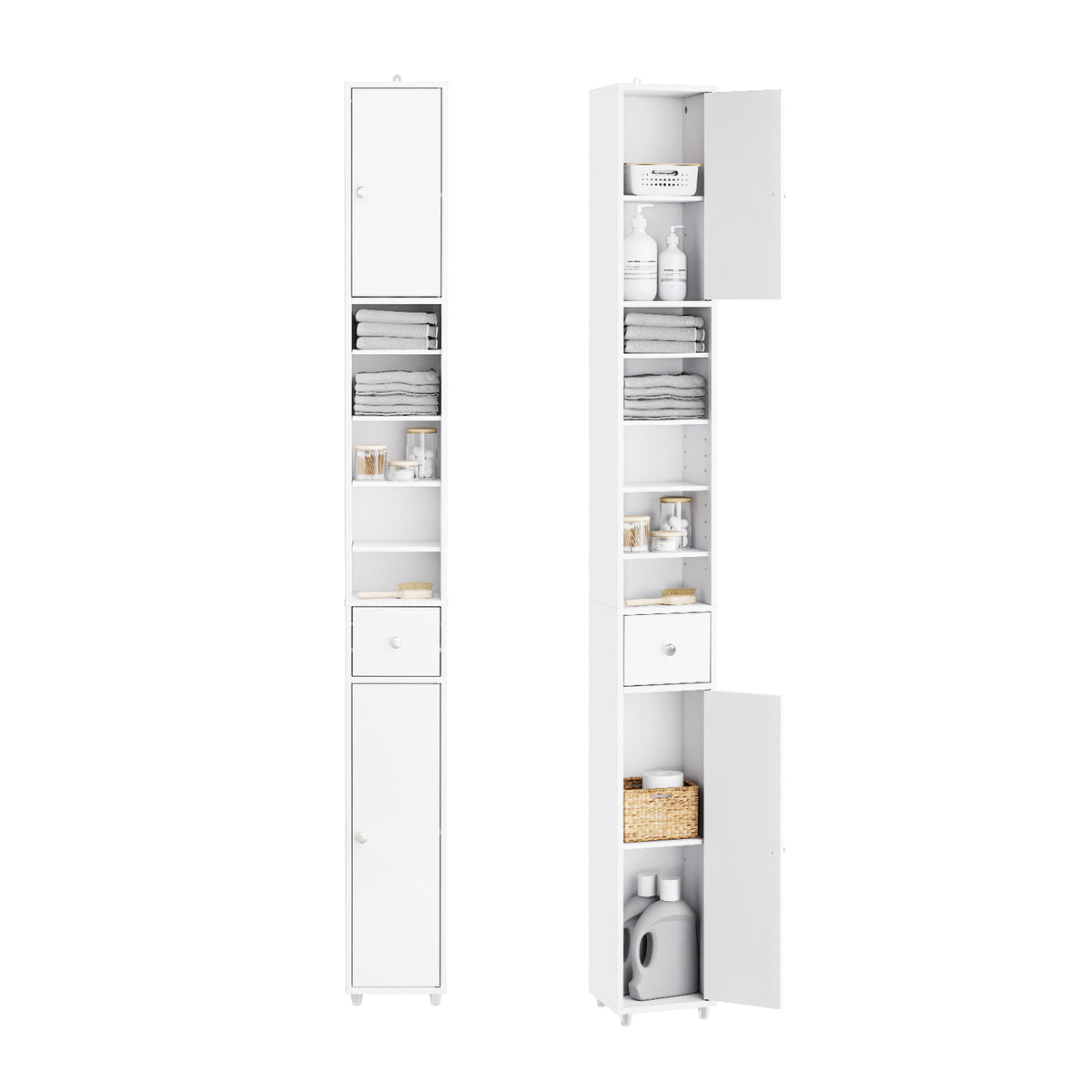 SoBuy BZR34-II-W slim tall bathroom cabinet white – full overview white background W20×D20×H180cm