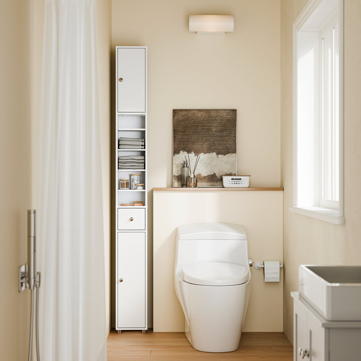 SoBuy BZR34-II-W narrow bathroom storage unit white – lifestyle scene bathroom setting