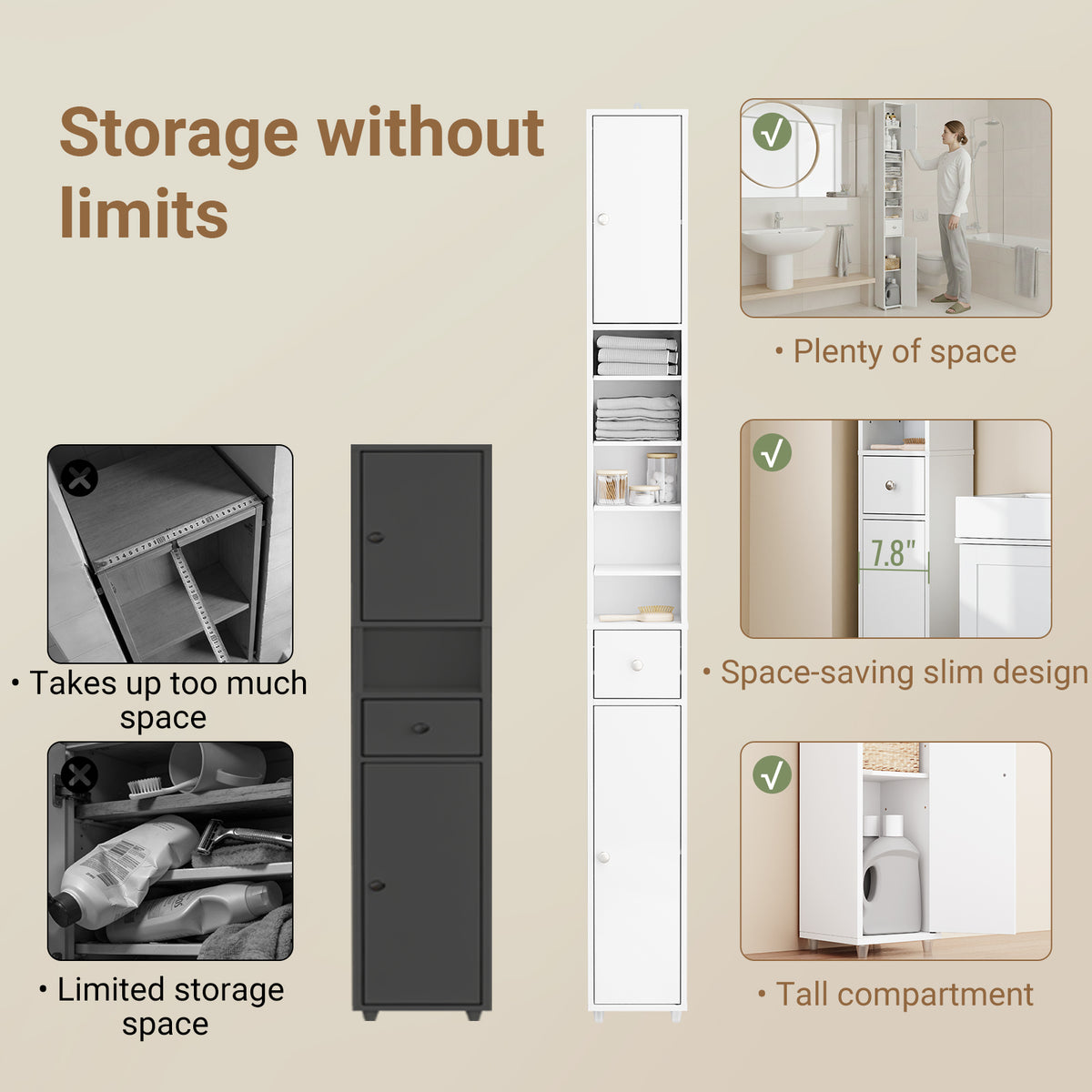 SoBuy BZR34-II-W bathroom tallboy – anti-tip wall kit detail for safe freestanding installation
