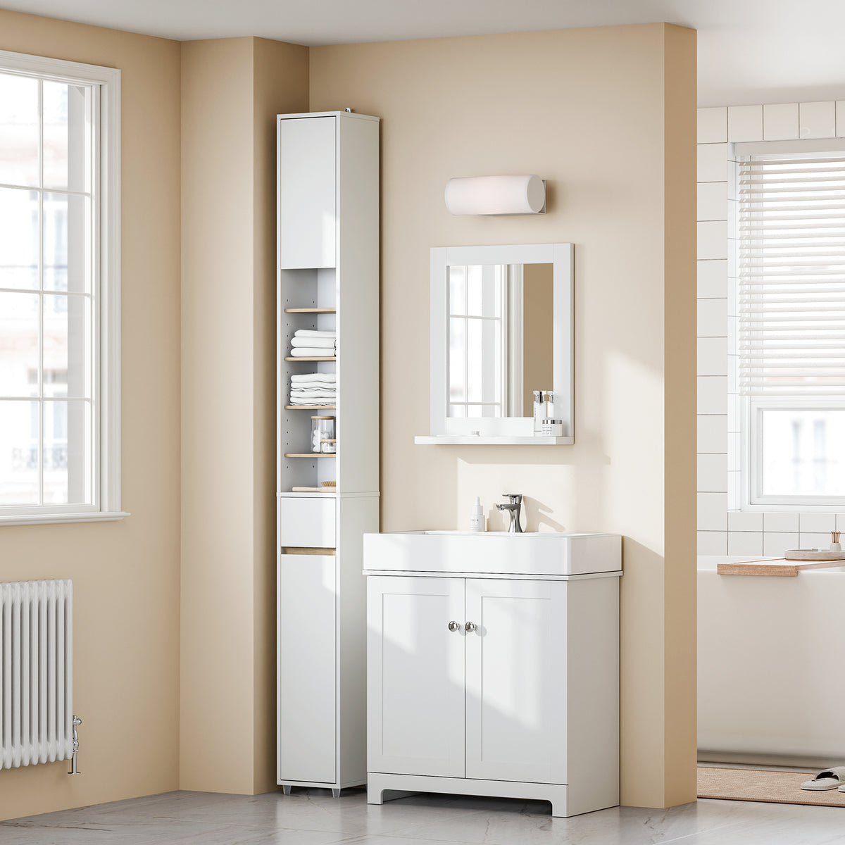 Narrow bathroom storage cupboard 20cm wide styled in modern bathroom interior