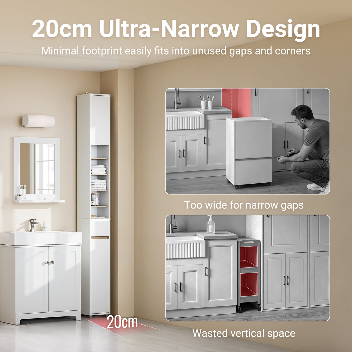 Narrow bathroom storage cupboard 20cm wide with 6 adjustable shelves SoBuy