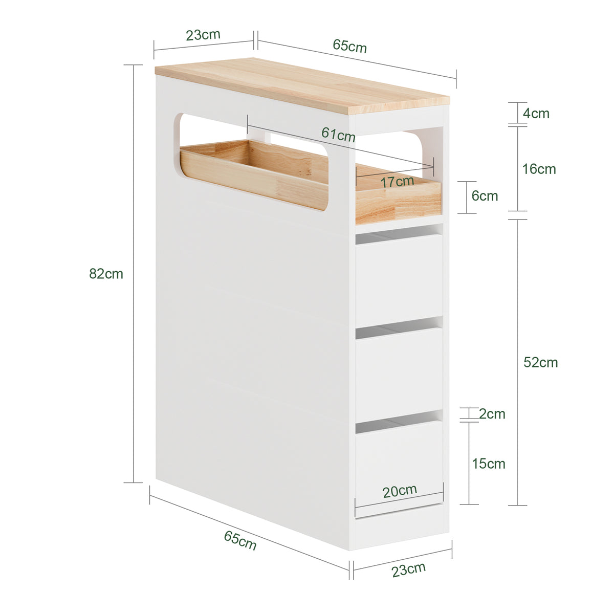 SoBuy BZR54-II-W, Slim Bathroom Storage Cabinet with Wheels, 3 Drawers – Narrow Freestanding Bathroom Storage Unit in Wood, White, 65x23x82cm