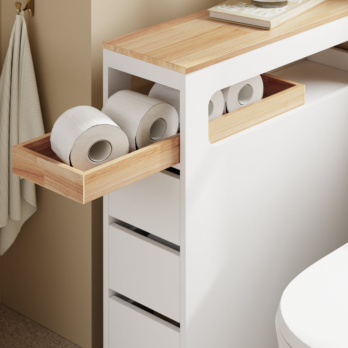 SoBuy BZR54-II-W, Slim Bathroom Storage Cabinet with Wheels, 3 Drawers – Narrow Freestanding Bathroom Storage Unit in Wood, White, 65x23x82cm