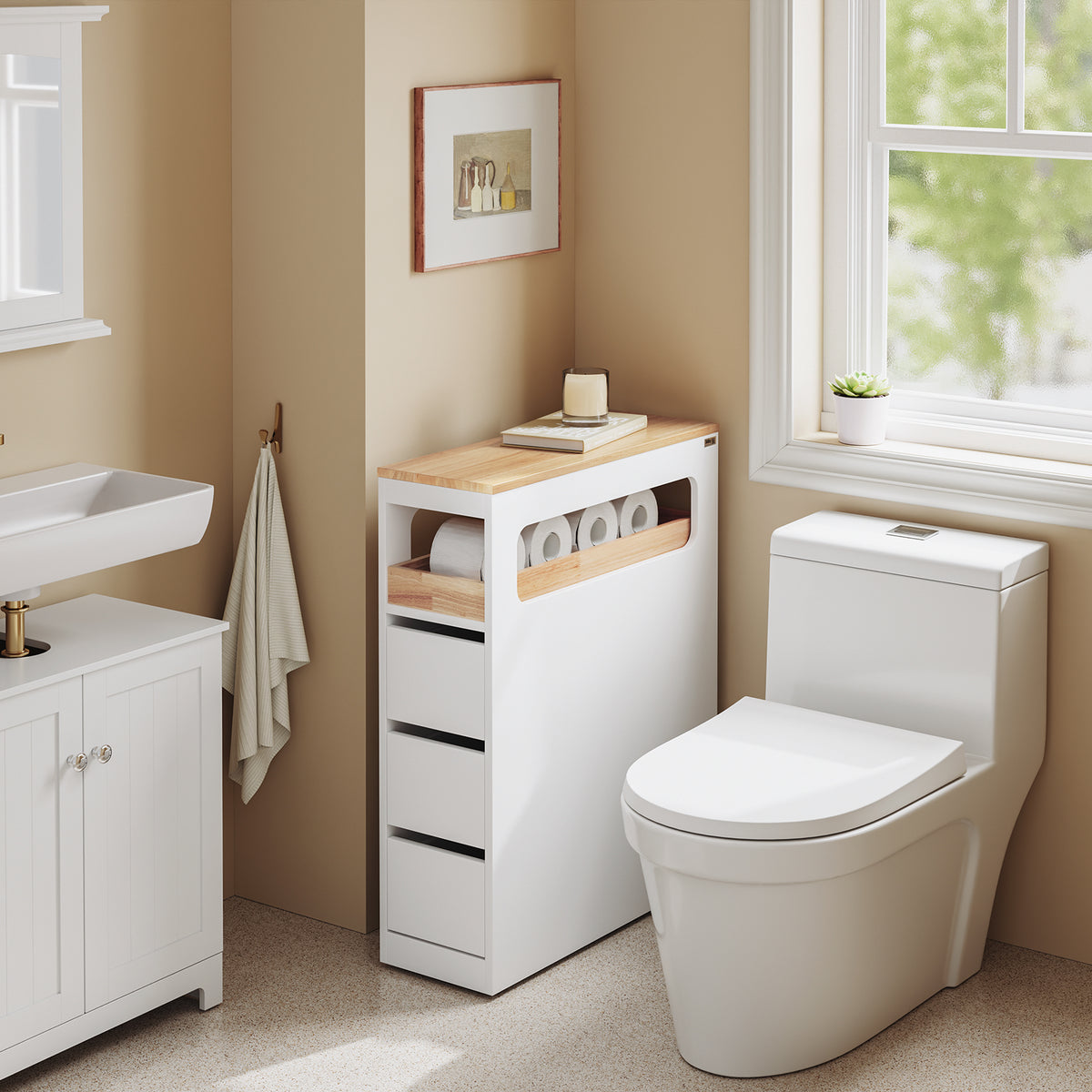 SoBuy BZR54-II-W, Slim Bathroom Storage Cabinet with Wheels, 3 Drawers – Narrow Freestanding Bathroom Storage Unit in Wood, White, 65x23x82cm