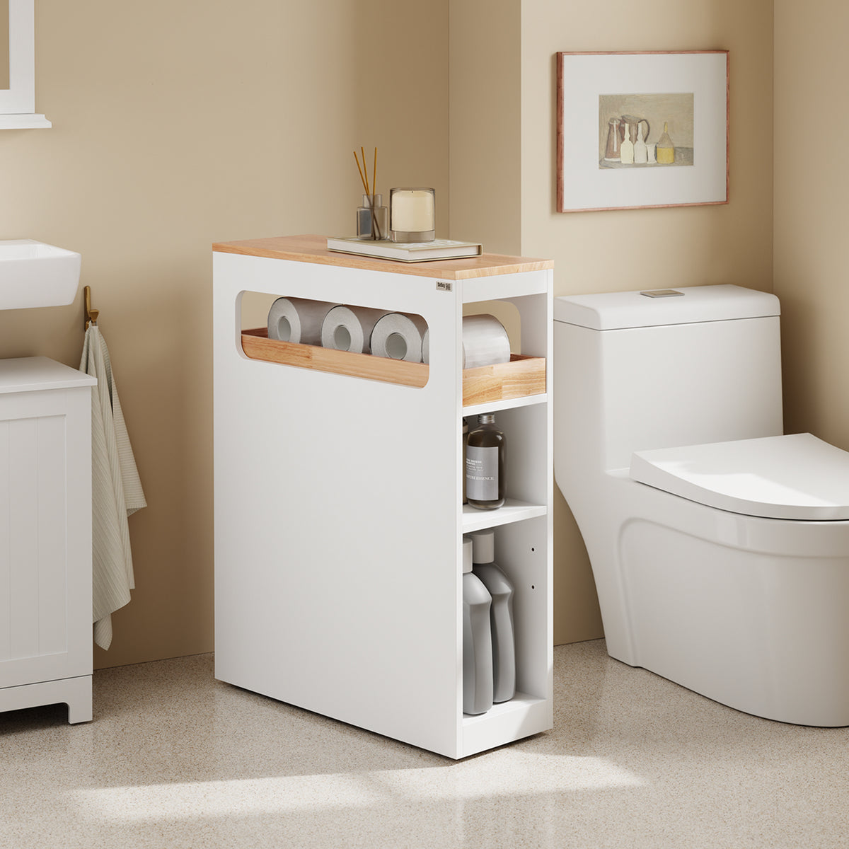 SoBuy BZR54-IV-WN, Movable Bathroom Cabinet Toilet Paper Roll Holder Cabinet with 2 Open Compartments, White