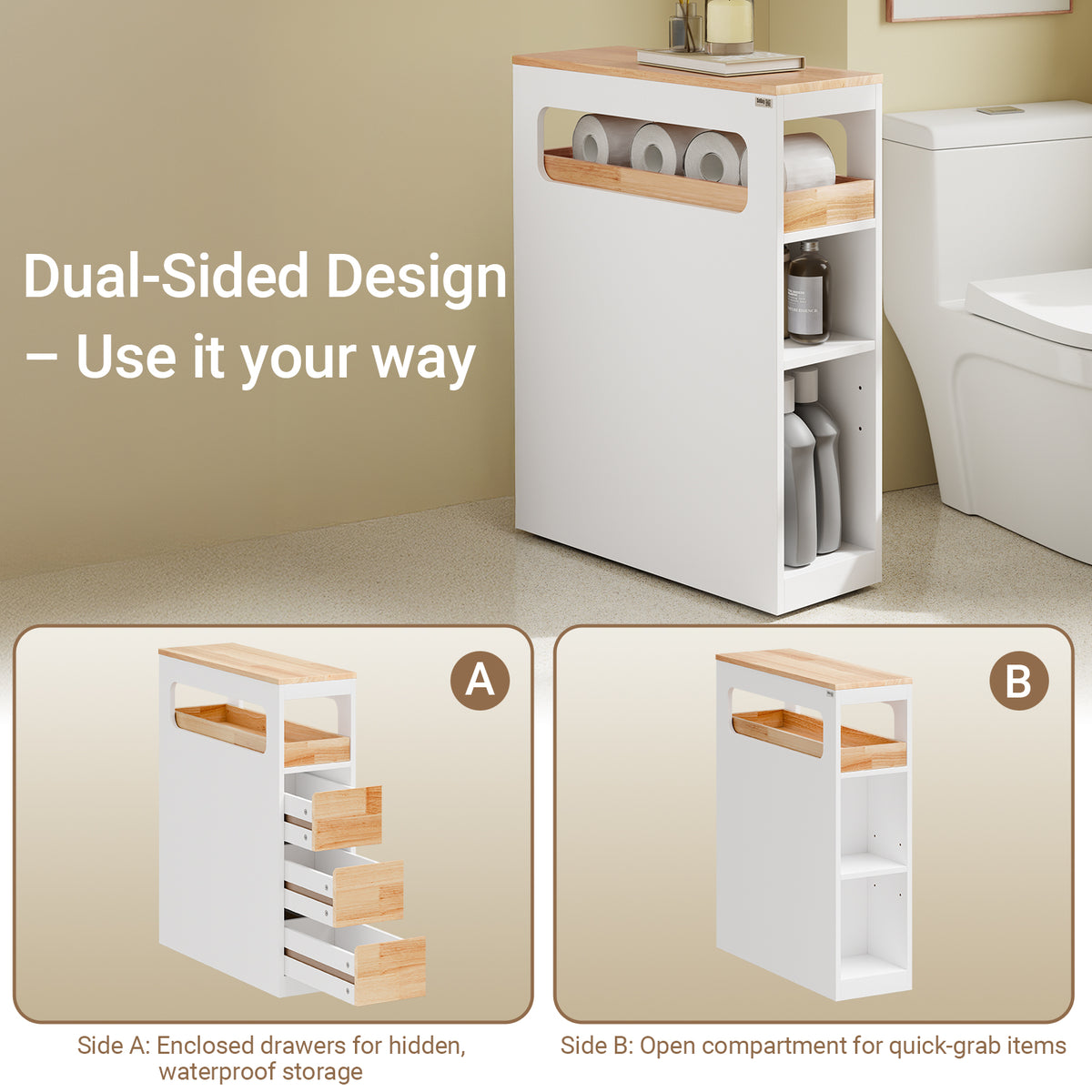 SoBuy BZR54-IV-WN, Movable Bathroom Cabinet Toilet Paper Roll Holder Cabinet with 2 Open Compartments, White
