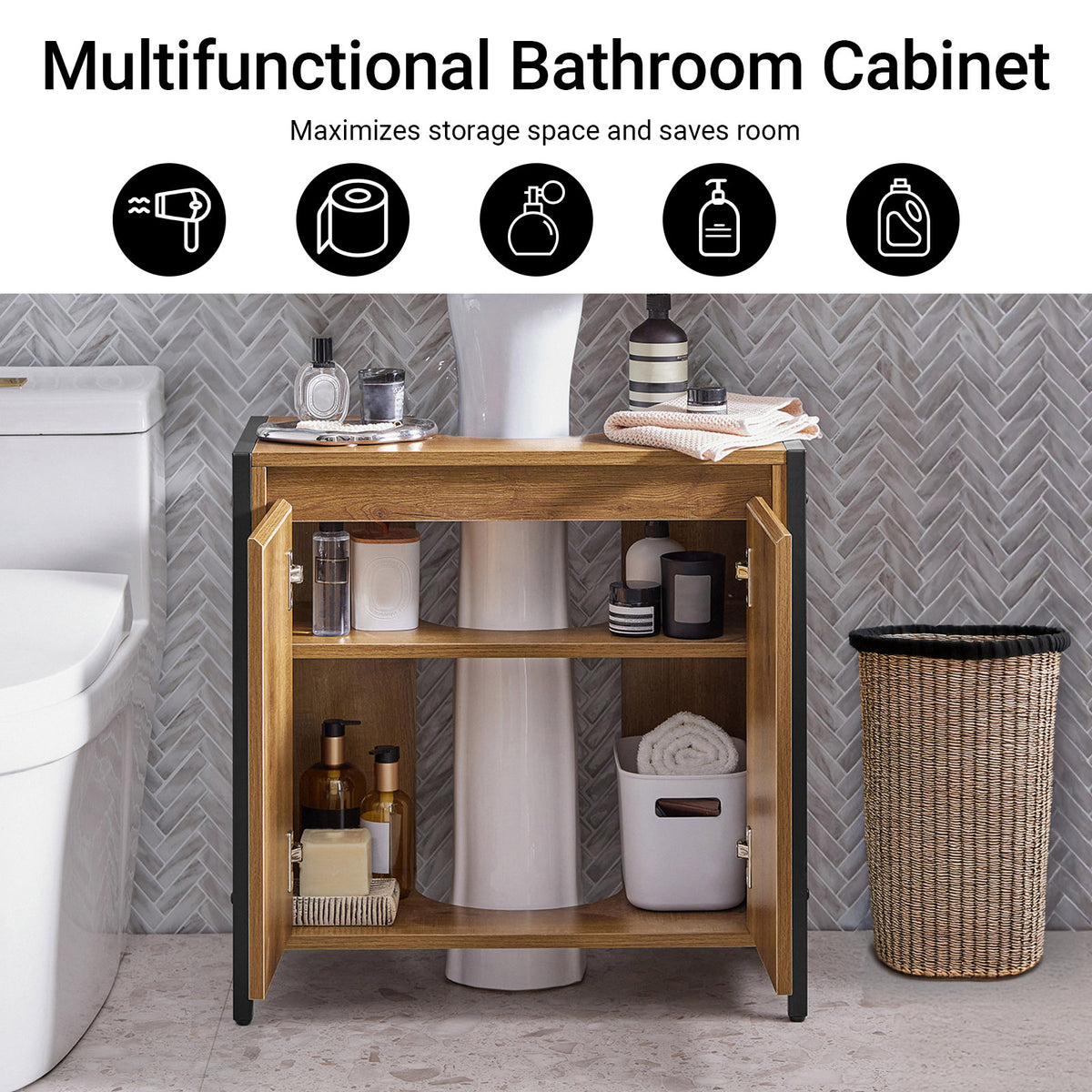 SoBuy BZR63-II-PF, Under Sink Bathroom Cabinet Slim Bathroom Storage Unit with 2 Doors & Shelf, Freestanding Bathroom Sink Cabinet for Small Bathrooms & Guest Toilets 60x60x30 cm