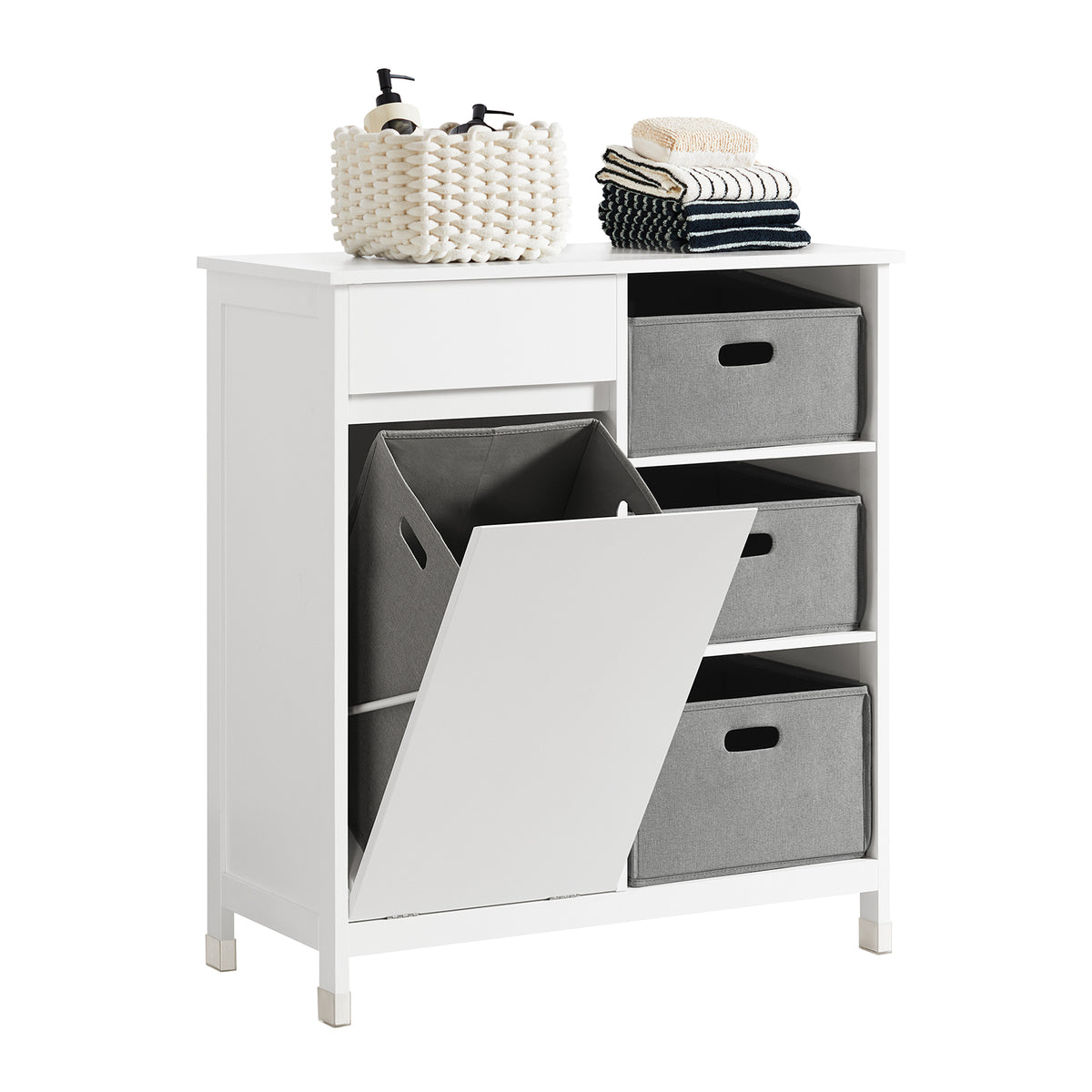 SoBuy BZR77-W, Laundry Cabinet – Freestanding Bathroom Cabinet with Laundry Basket – Space-Saving Bathroom Storage Uint with Drawers – Storage Cupboard in Wood, Moisture-Resistant, White, 80x91x38cm