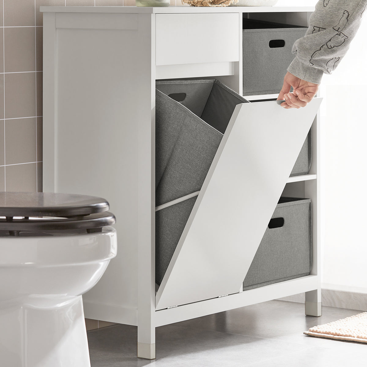SoBuy BZR77-W, Laundry Cabinet – Freestanding Bathroom Cabinet with Laundry Basket – Space-Saving Bathroom Storage Uint with Drawers – Storage Cupboard in Wood, Moisture-Resistant, White, 80x91x38cm