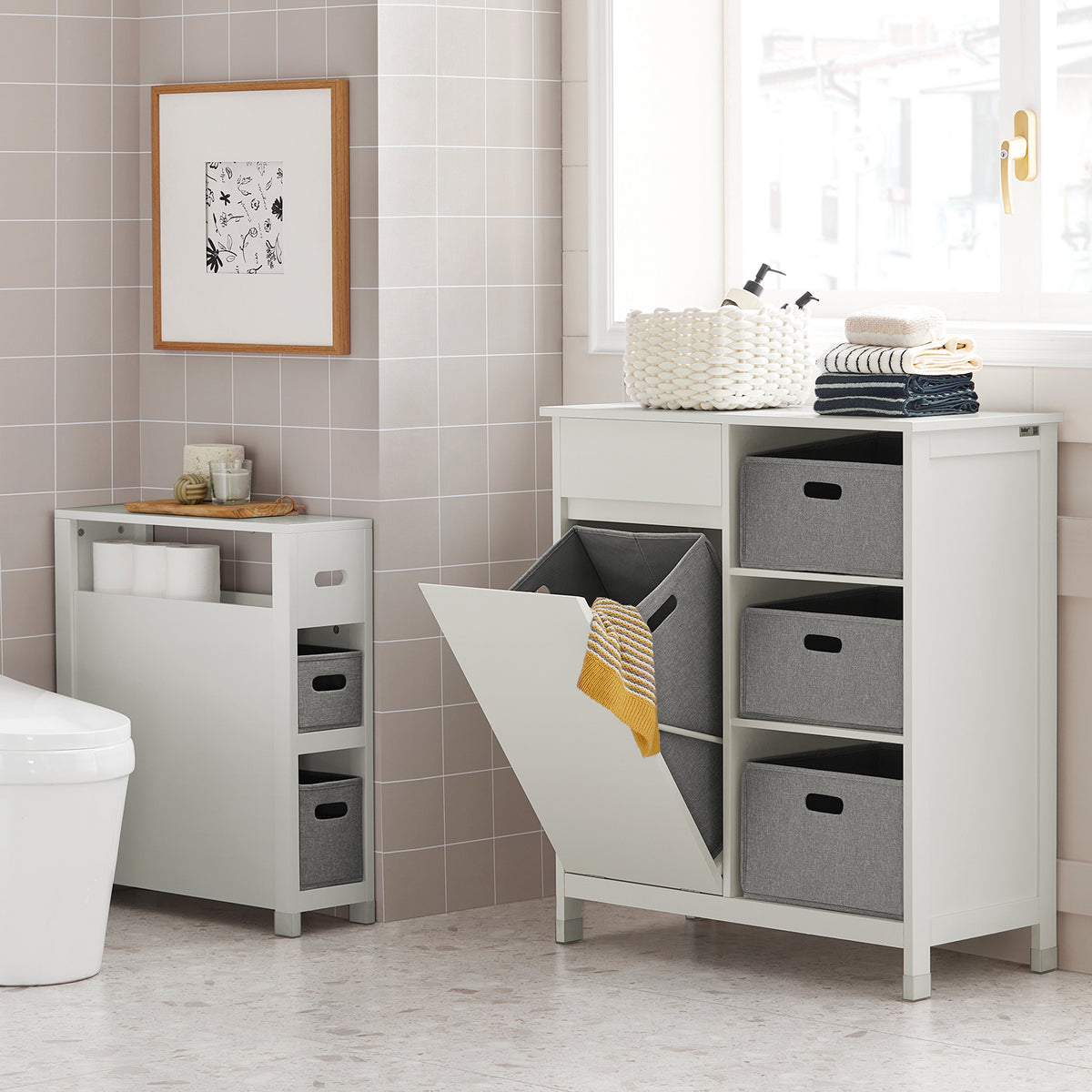 SoBuy BZR77-W, Laundry Cabinet – Freestanding Bathroom Cabinet with Laundry Basket – Space-Saving Bathroom Storage Uint with Drawers – Storage Cupboard in Wood, Moisture-Resistant, White, 80x91x38cm