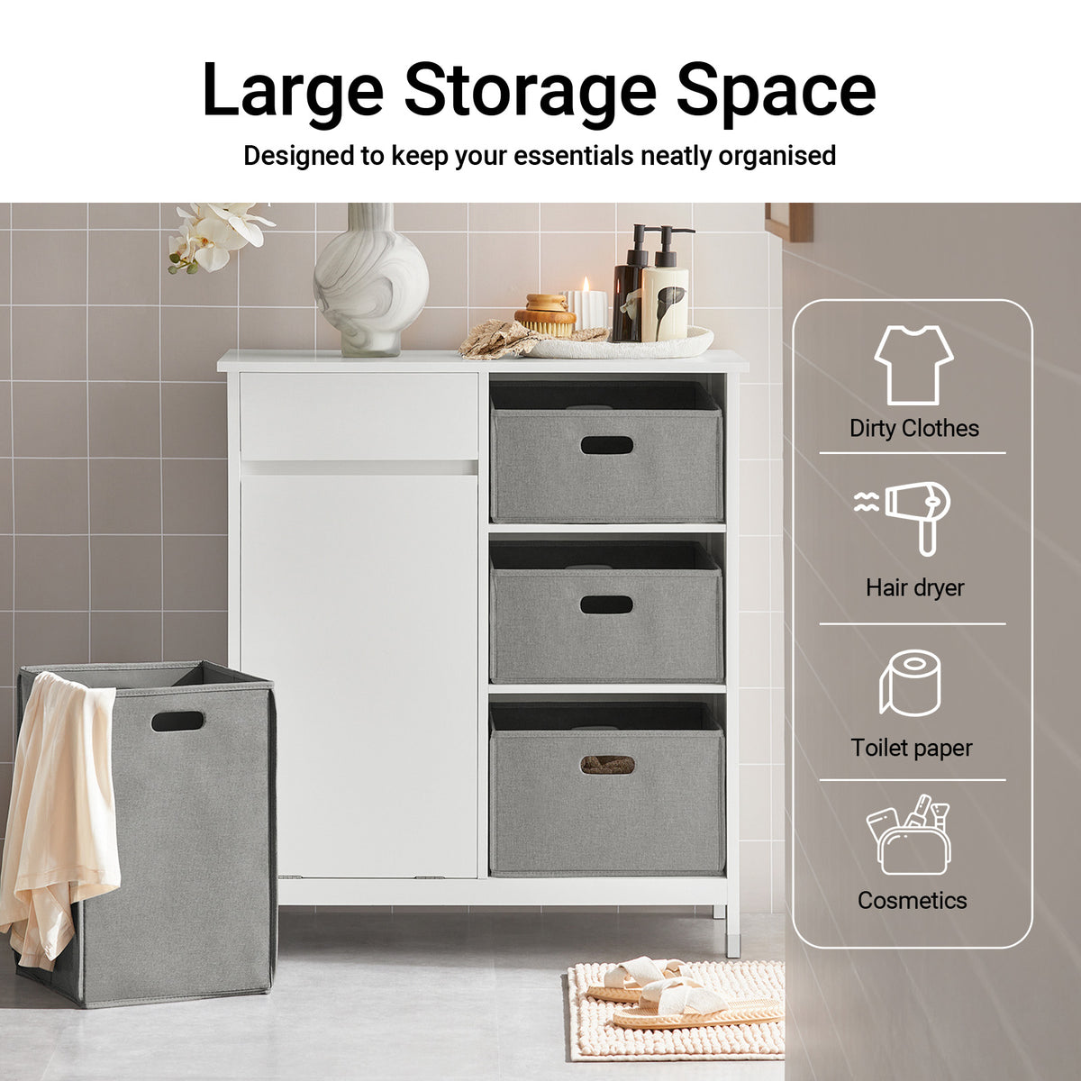 SoBuy BZR77-W, Laundry Cabinet – Freestanding Bathroom Cabinet with Laundry Basket – Space-Saving Bathroom Storage Uint with Drawers – Storage Cupboard in Wood, Moisture-Resistant, White, 80x91x38cm