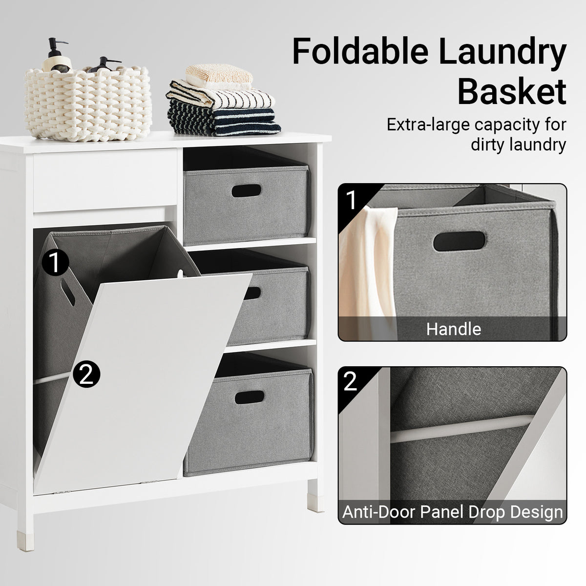 SoBuy BZR77-W, Laundry Cabinet – Freestanding Bathroom Cabinet with Laundry Basket – Space-Saving Bathroom Storage Uint with Drawers – Storage Cupboard in Wood, Moisture-Resistant, White, 80x91x38cm
