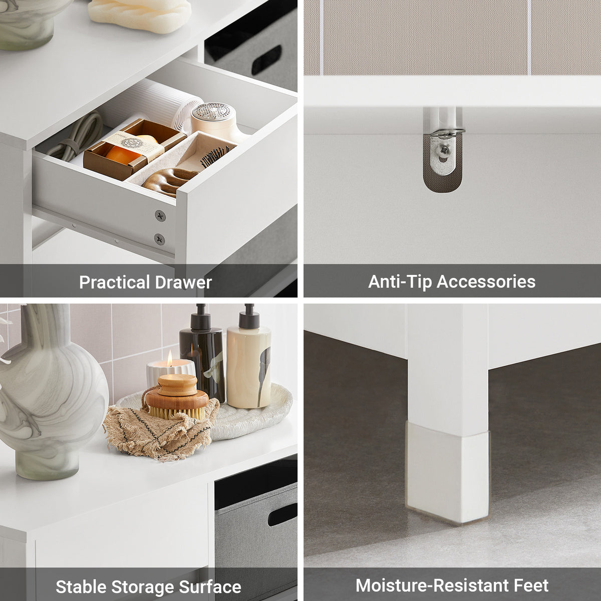 SoBuy BZR77-W, Laundry Cabinet – Freestanding Bathroom Cabinet with Laundry Basket – Space-Saving Bathroom Storage Uint with Drawers – Storage Cupboard in Wood, Moisture-Resistant, White, 80x91x38cm