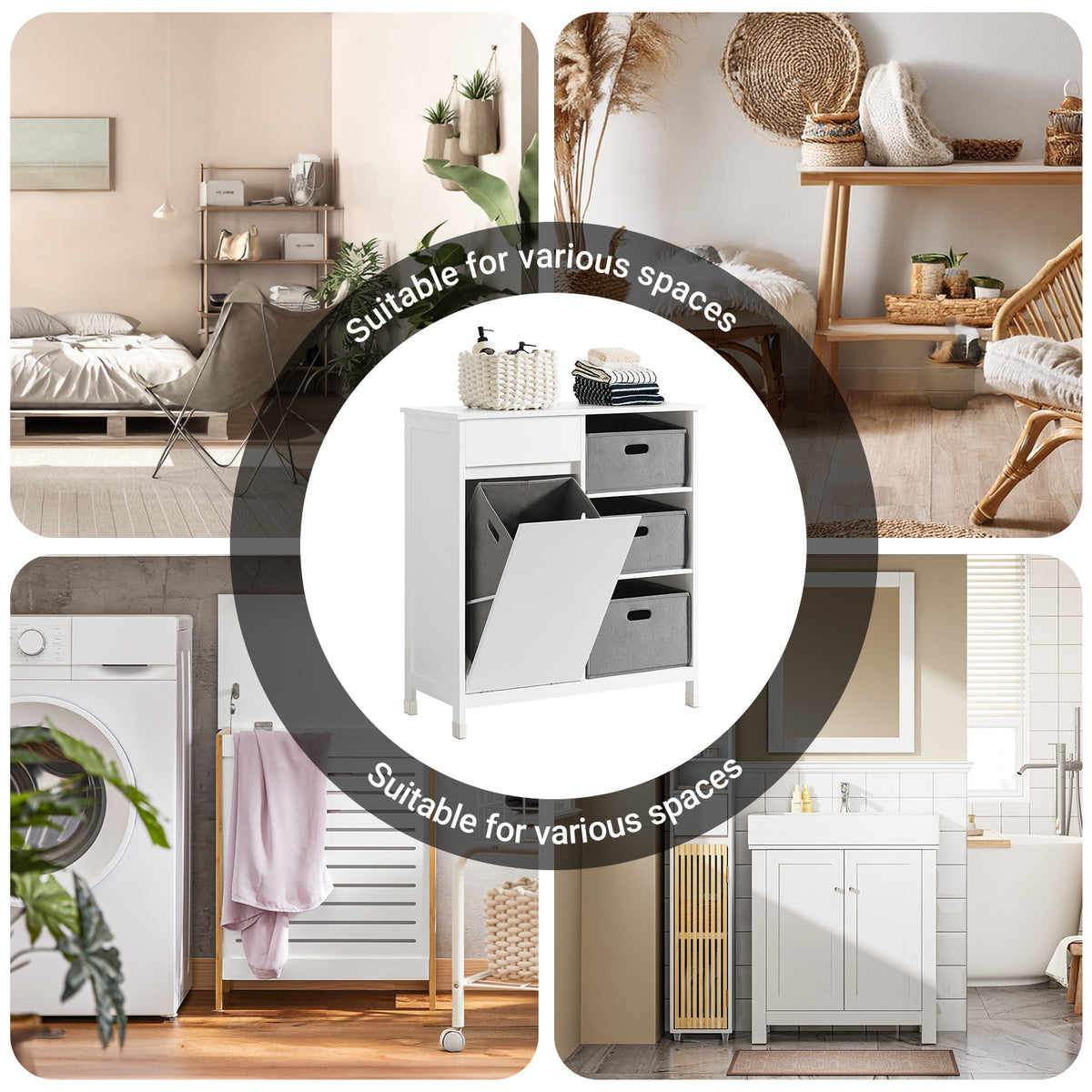 SoBuy BZR77-W, Laundry Cabinet – Freestanding Bathroom Cabinet with Laundry Basket – Space-Saving Bathroom Storage Uint with Drawers – Storage Cupboard in Wood, Moisture-Resistant, White, 80x91x38cm