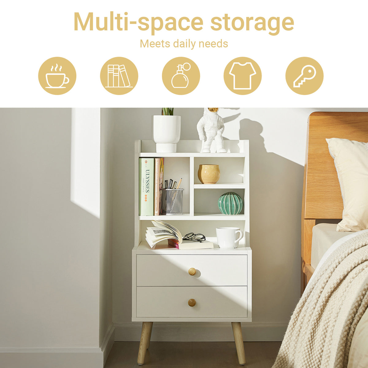 SoBuy FBT100-W, Modern Bedside Table with Drawers & Open Shelves, Nightstand with Pine Wood Legs, Storage Cabinet for Bedroom & Living Room, White