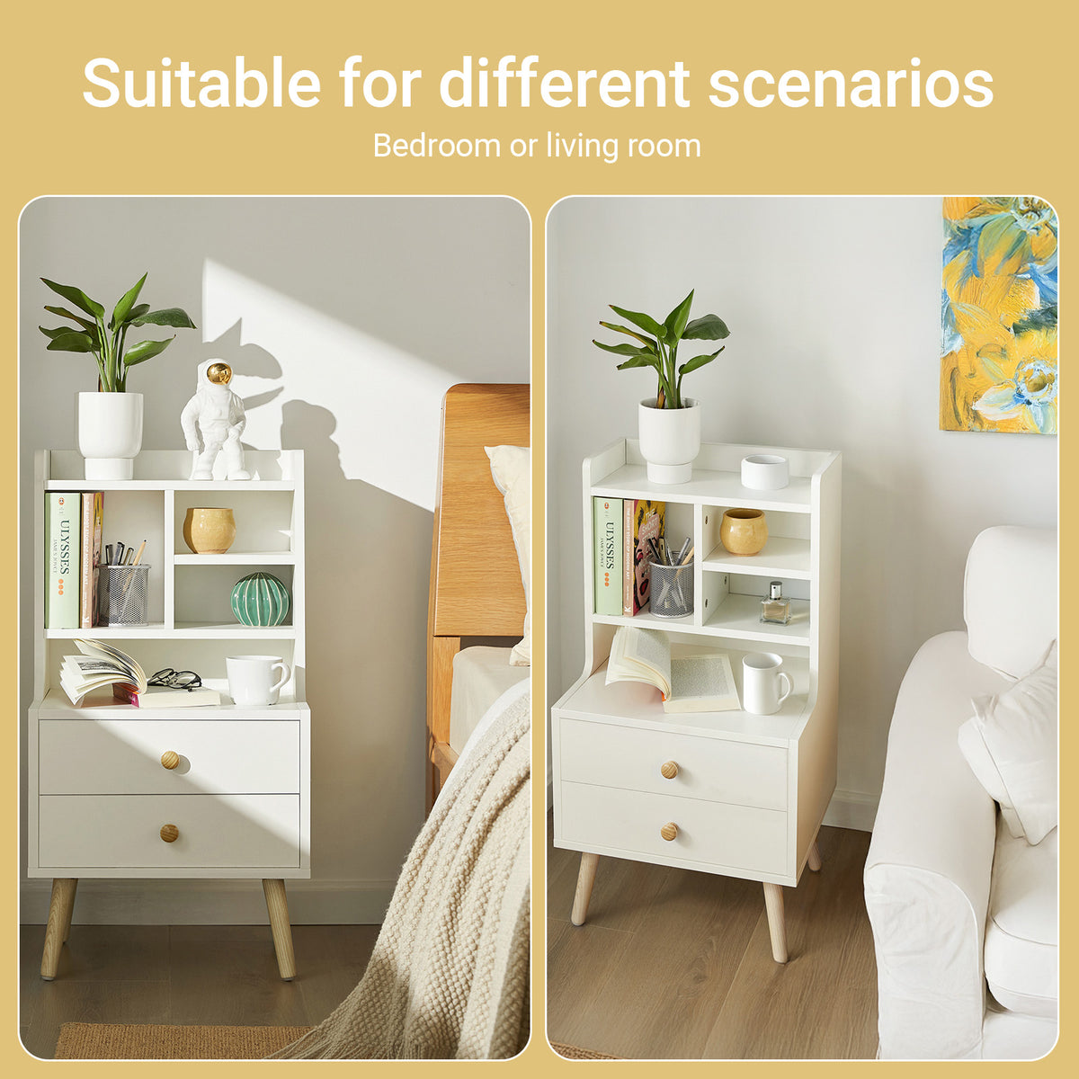 SoBuy FBT100-W, Modern Bedside Table with Drawers & Open Shelves, Nightstand with Pine Wood Legs, Storage Cabinet for Bedroom & Living Room, White