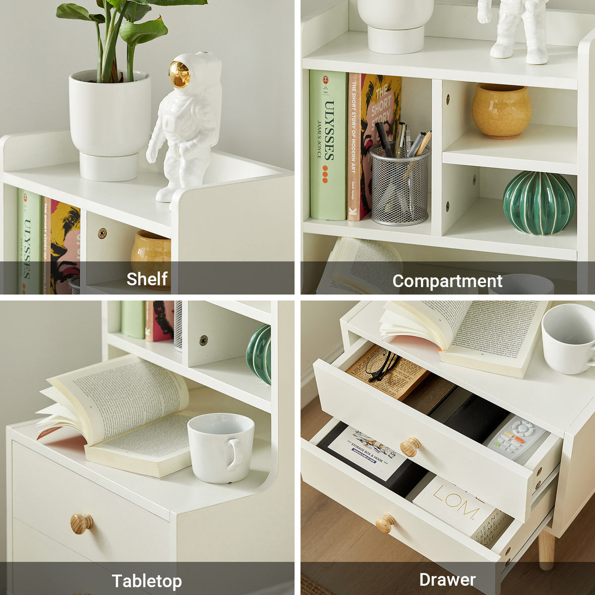 SoBuy FBT100-W, Modern Bedside Table with Drawers & Open Shelves, Nightstand with Pine Wood Legs, Storage Cabinet for Bedroom & Living Room, White