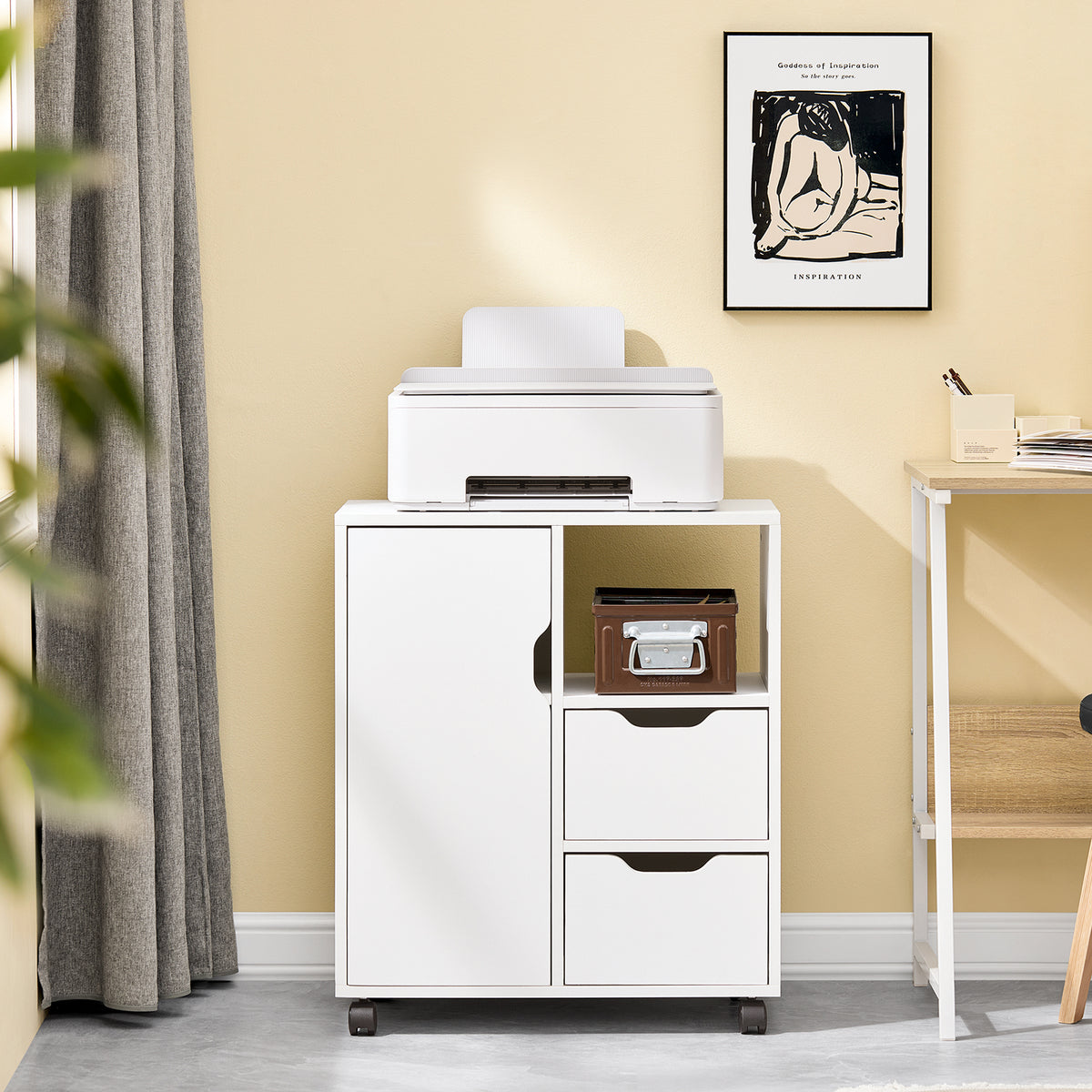 Sobuy FBT105-W, Printer Cabinet with 2 Drawers and 1 Door Under Desk Storage on Wheels Mobile Filing Cabinet Small Office Storage Unit White 60x35x70cm