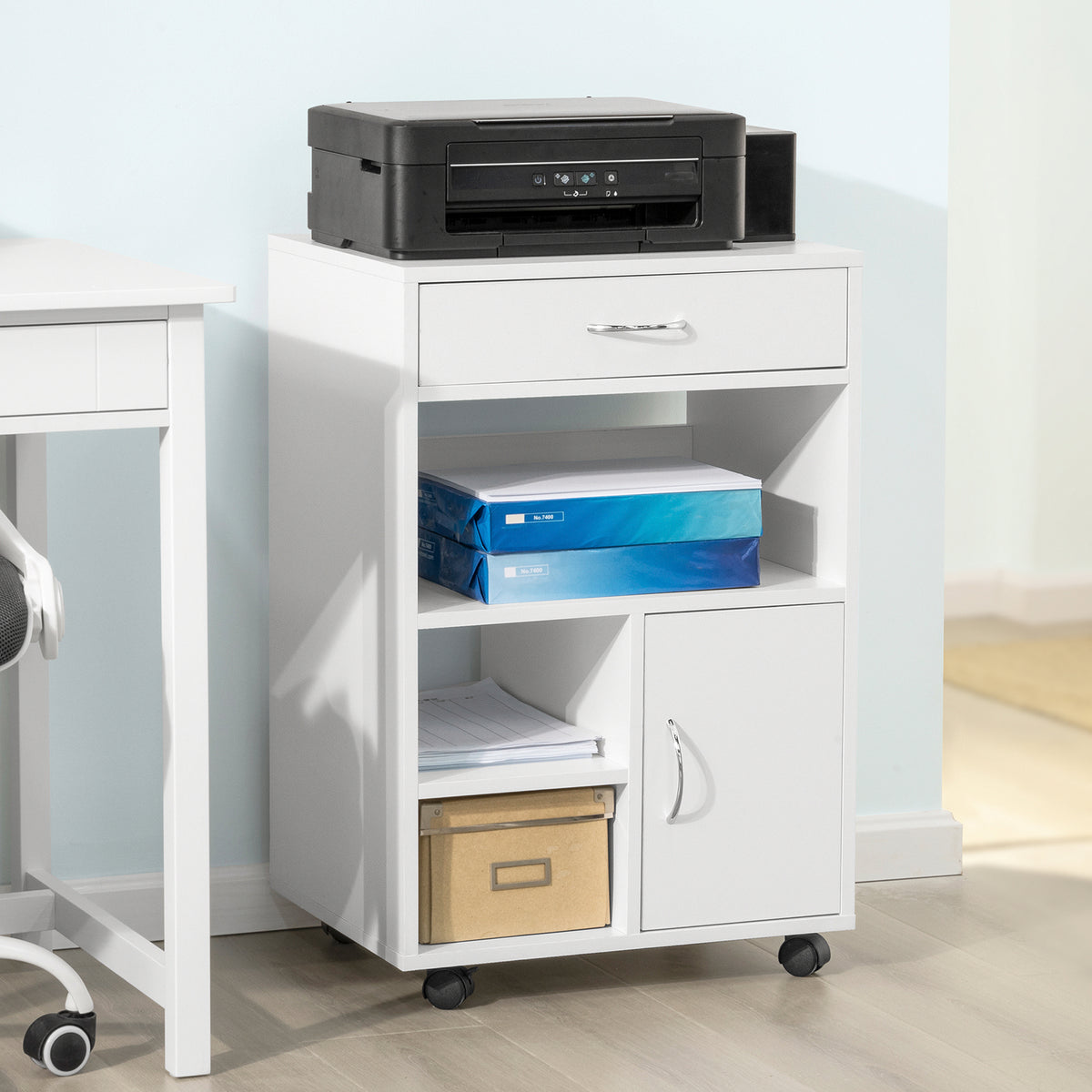 Sobuy FBT106-W, Home Office File Cabinet Printer Stand Storage Cabinet Side Cabinet on Wheels, White