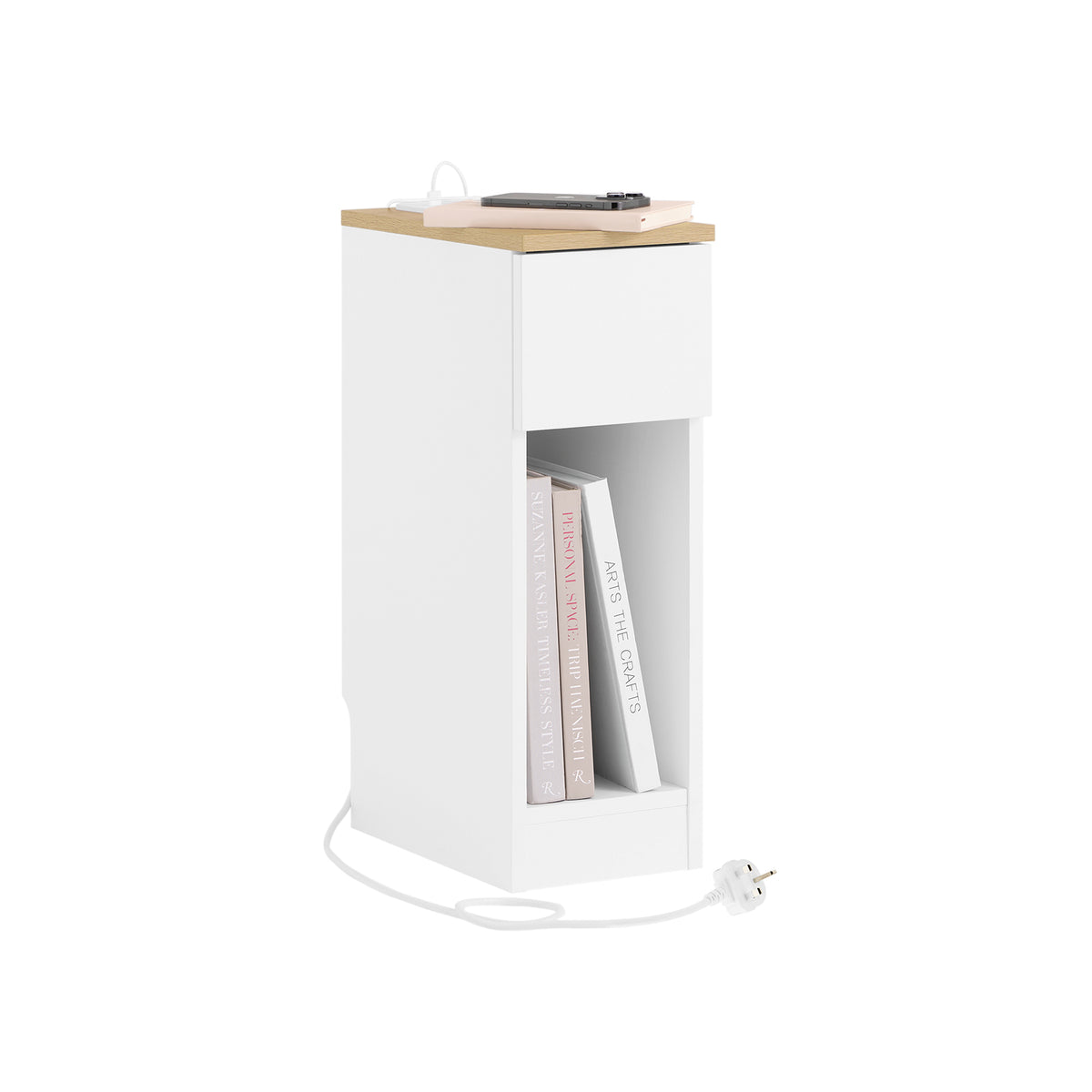 SoBuy FBT111-E-WN-UK Slim Bedside Table with Charging Station Narrow Side Table Nightstand with a Standard Outlet, a USB Port and a Type-C Port for Bedroom Living Room White W20 x D35 x H60cm
