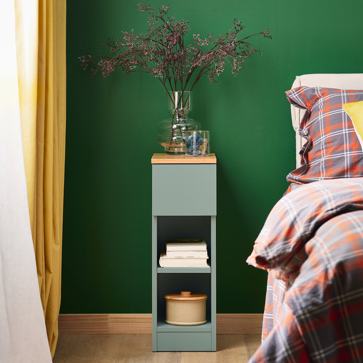 SoBuy FBT111-GR slim bedside table lifestyle scene – green nightstand beside bed with lamp and books