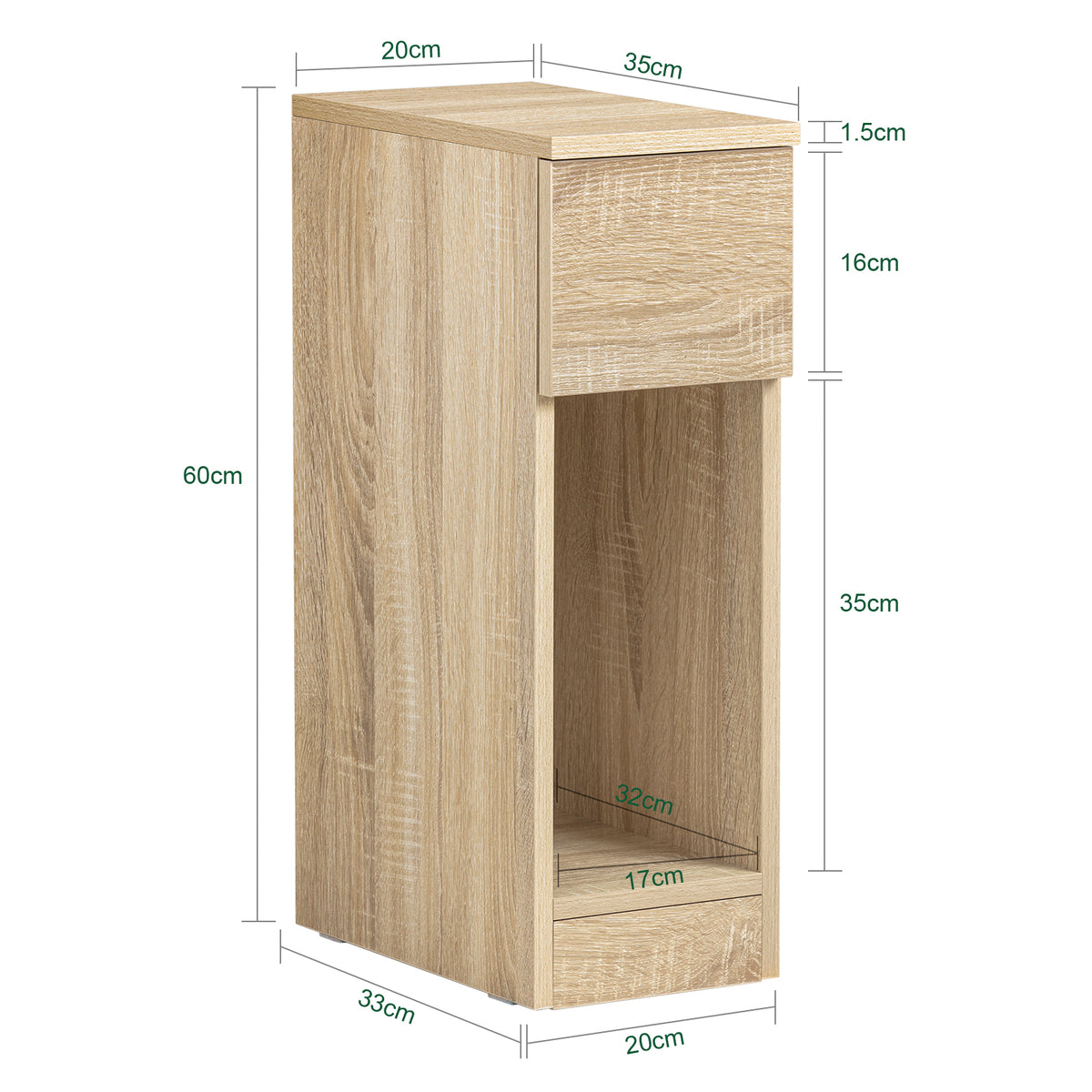 SoBuy FBT111-N, Slim Bedside Table Bedside Cabinet Narrow Side Table Nightstand with Drawer and Shelf for Bedroom Living Room Natural W20 x D35 x H60cm
