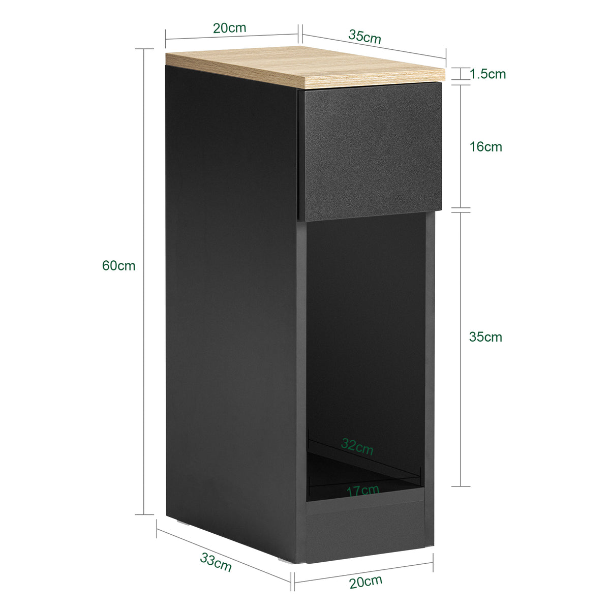 SoBuy FBT111-SCH bedside table dimensions infographic – W20×D35×H60cm size guide