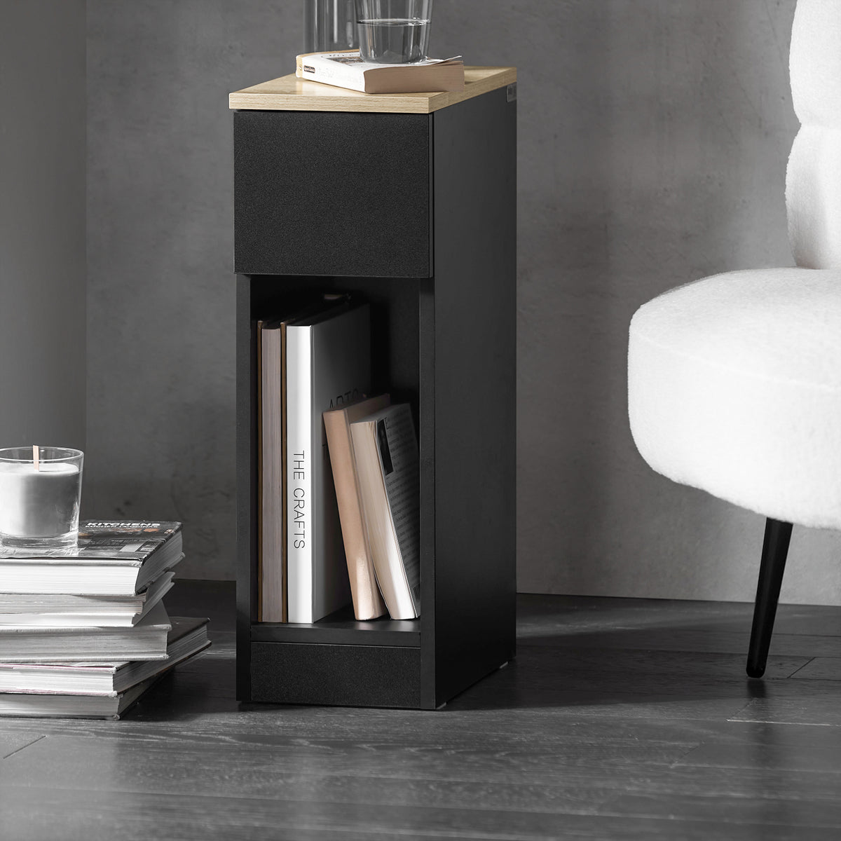 SoBuy FBT111-SCH slim bedside table in bedroom corner – narrow nightstand in use lifestyle