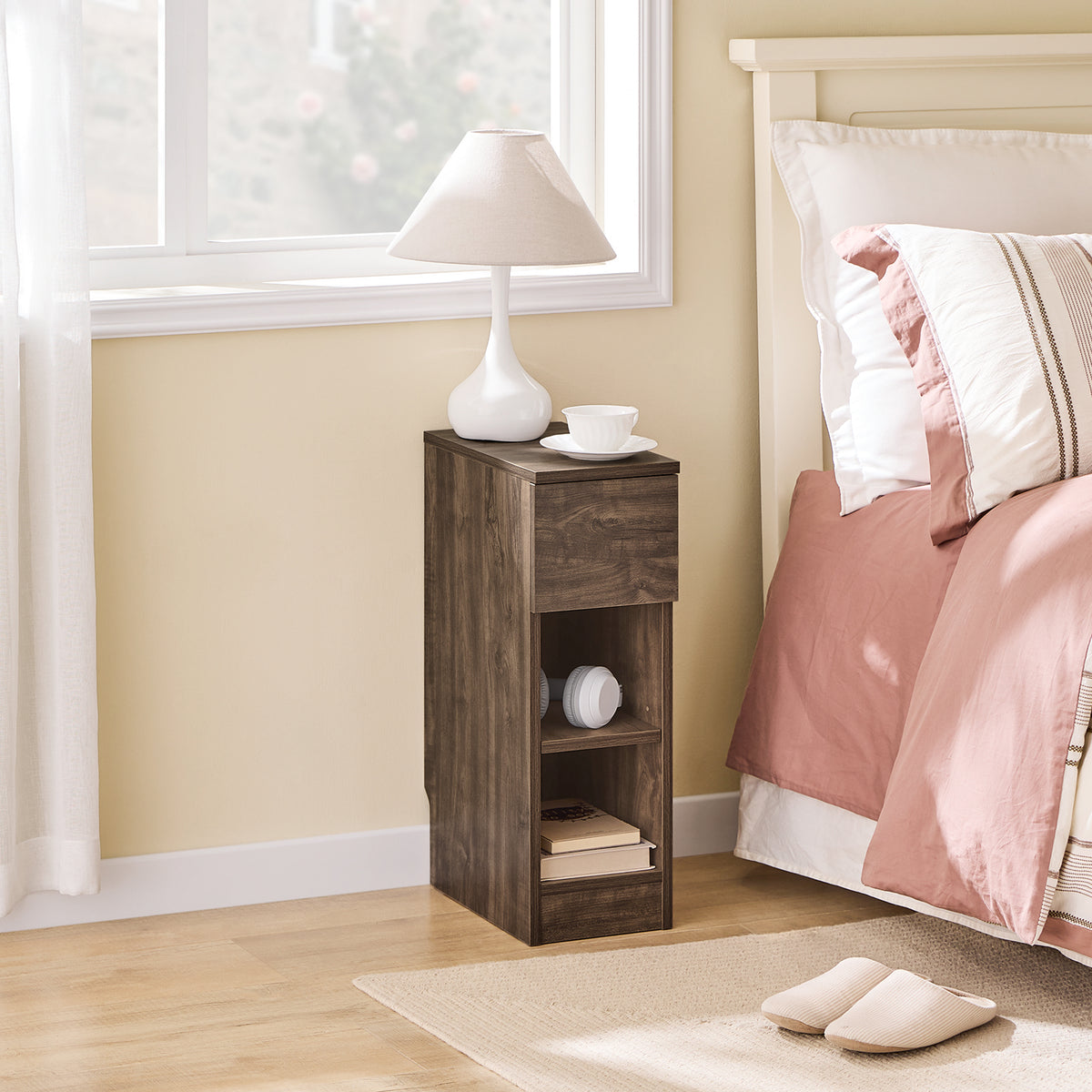 SoBuy FBT111-SN Slim Bedside Table Bedside Cabinet Narrow Side Table Nightstand with Drawer and 2 Shelves for Bedroom Living Room Brown W20 x D35 x H60cm
