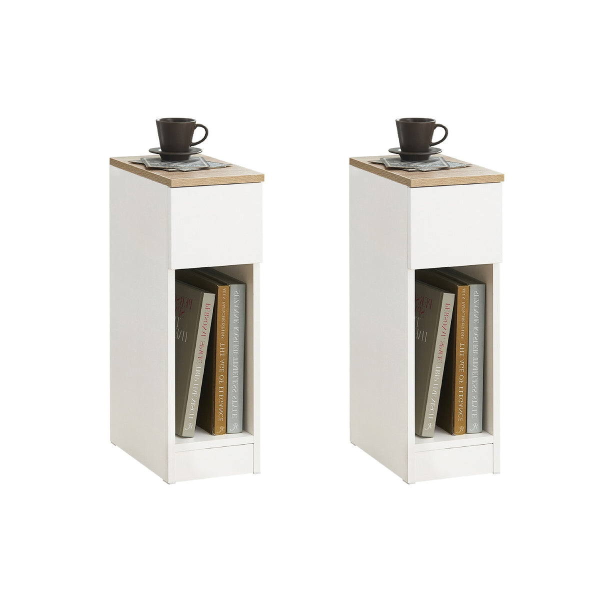 SoBuy FBT111-WNx2 slim white bedside table with drawer and open shelf – white background