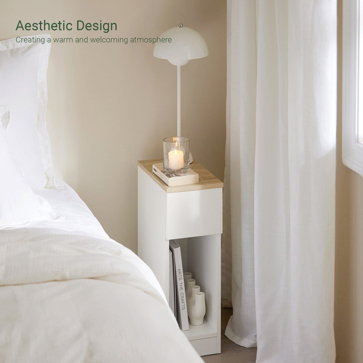 SoBuy FBT111-WN slim nightstand styled in modern bedroom living room scene white natural