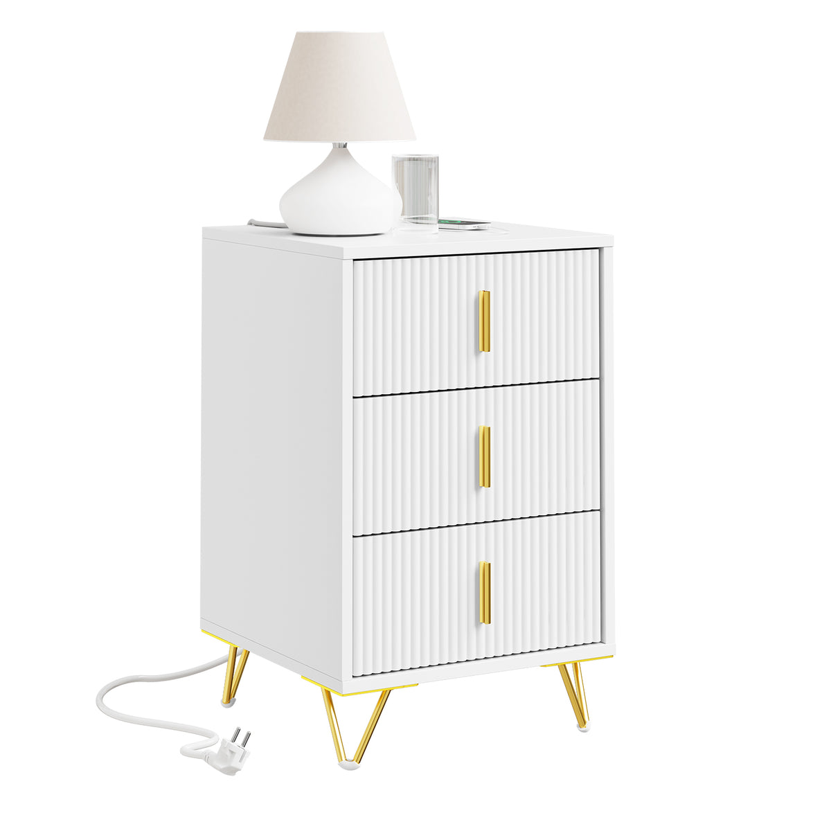 SoBuy FBT115-L-E-W, Nightstand with Charging Function, Bedside Table with 2 Outlets, USB and Type-C, White, B40 x T40 x H63.5 cm