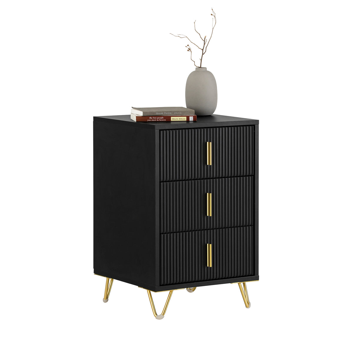 SoBuy FBT115-L-SCH black bedside table with 3 drawers and gold metal legs white background