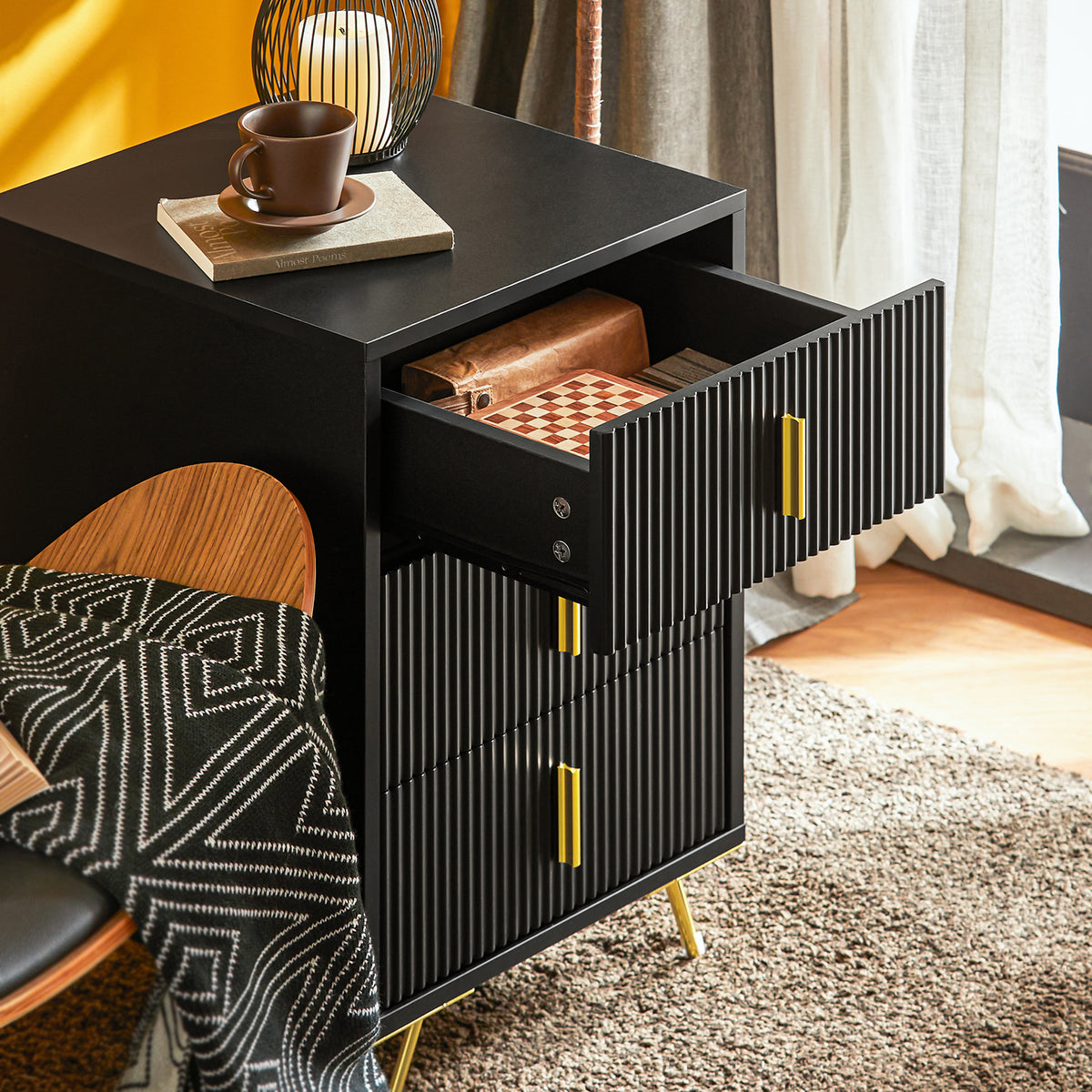 3 drawer bedside table open drawer storage space SoBuy FBT115-L-SCH black