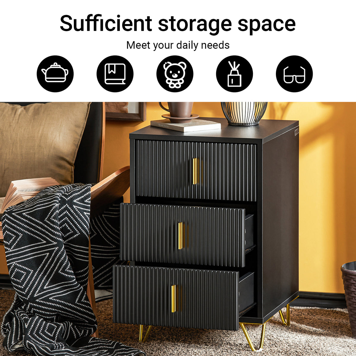 SoBuy FBT115-L-SCH black bedside cabinet 3 drawer nightstand feature overview