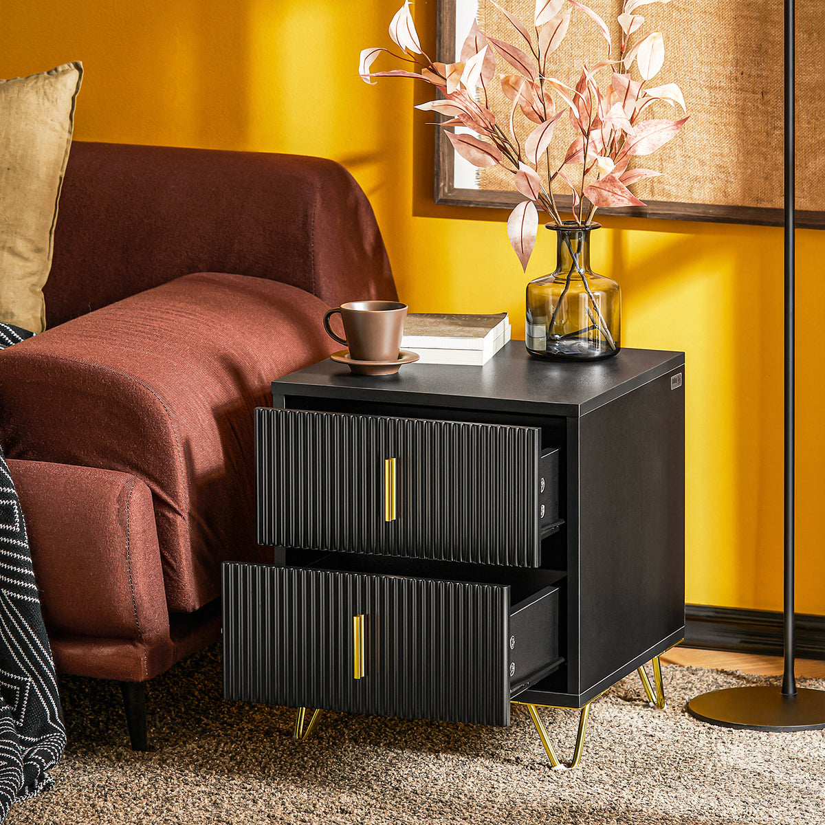 SoBuy FBT115-SCH nightstand in bedroom lifestyle scene – side table beside bed with lamp and decor